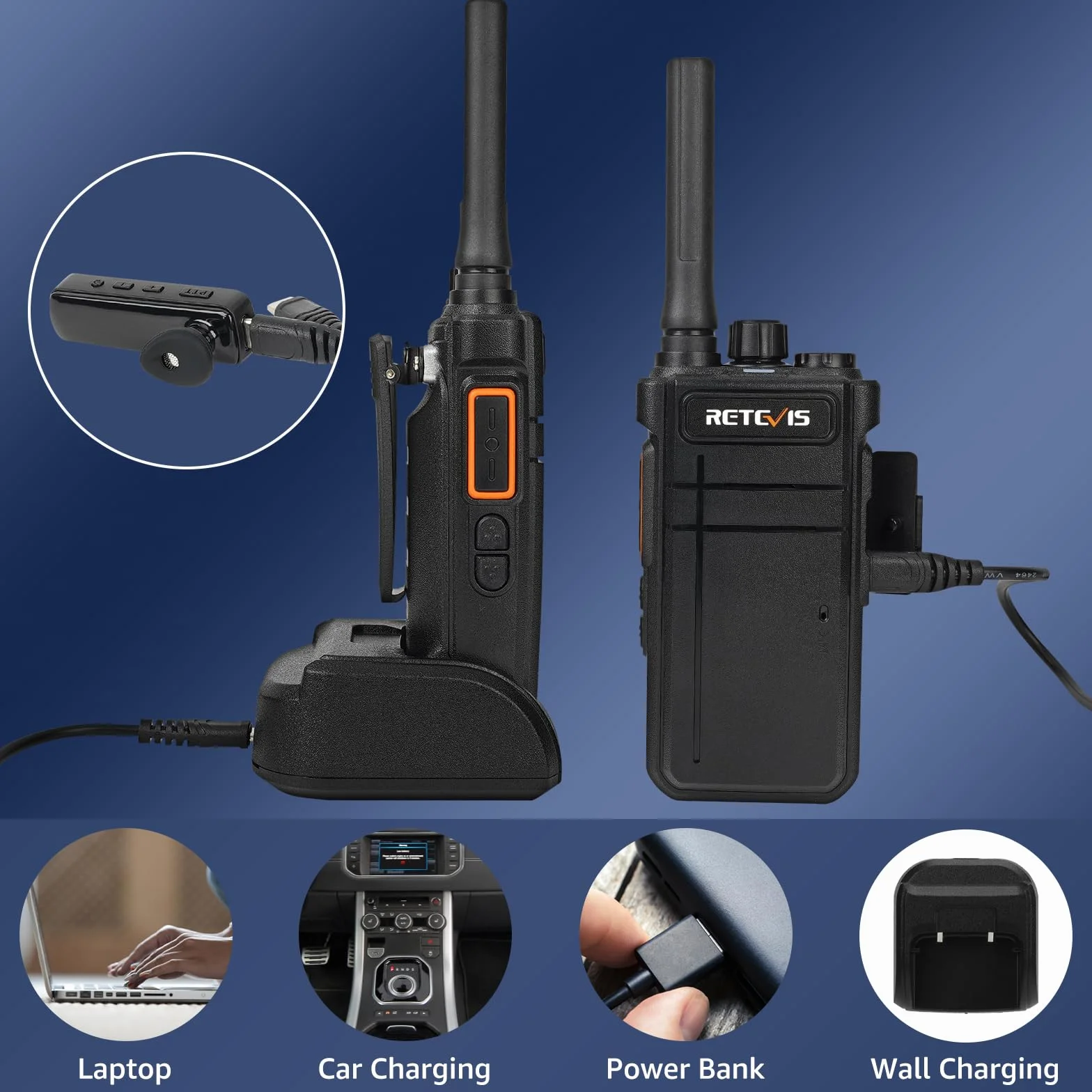 Retevis RB637 Walkie Talkie, PMR446 Profesjonalne 2-kierunkowe radio z bezprzewodowym zestawem słuchawkowym, 2000 mAh, VOX, bezprzewodowe dwukierunkowe radia (czarne, 4 sztuki)