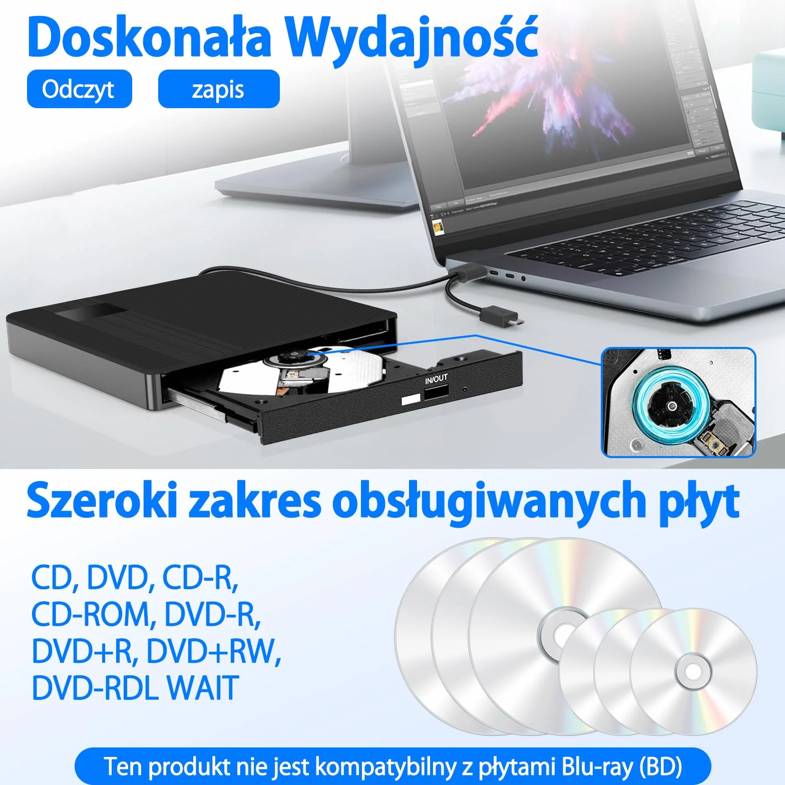 Zewnętrzny napęd CD/DVD USB 3.0 Typ-C Nagrywarka +/-RW Przenośny do laptopów i komputerów Mac OS Windows 11/10/8/7/XP Linux