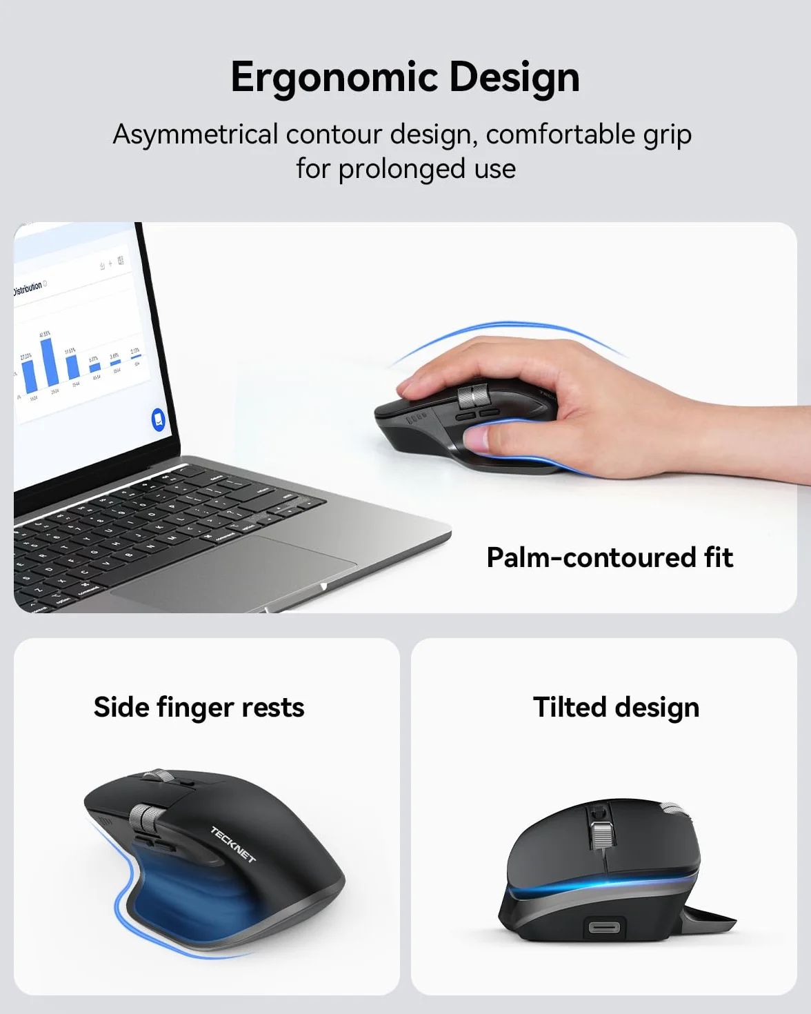TECKNET Bezprzewodowa Mysz Bluetooth (BT 5.3/5.0+2,4G), Boczne Kółko Przewijania, Ładowalna Mysz Ergonomiczna, Ciche Klikanie, 4800 DPI, 7 Przycisków, dla Mac OS, Windows, Czarna