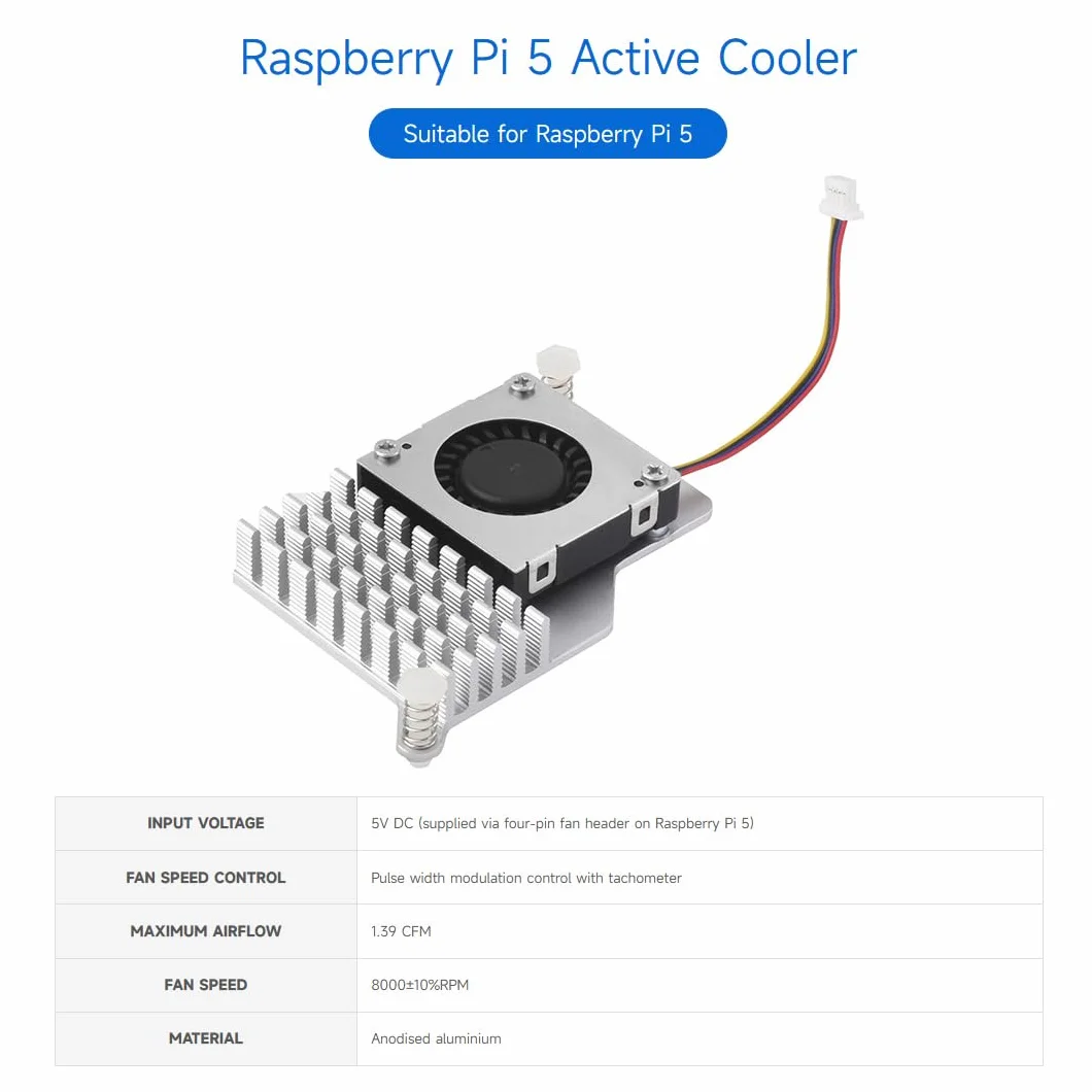 Waveshare Active Cooler (B), Compatible with Raspberry Pi 5, Active Cooling Fan, Aluminium Heatsink, with Thermal Pads
