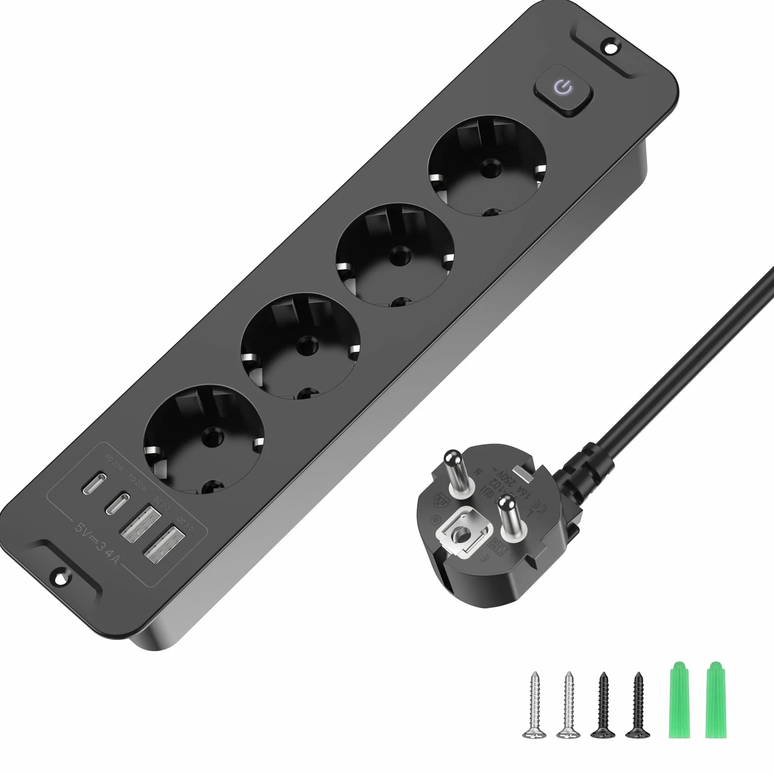 Listwa zasilająca z 4 gniazdami wtykowymi do zabudowy, z 4 gniazdami USB, gniazdko stołowe z 2 USB C, blat stołu, wpuszczane gniazdko elektryczne, kabel 3 m, kolor czarny