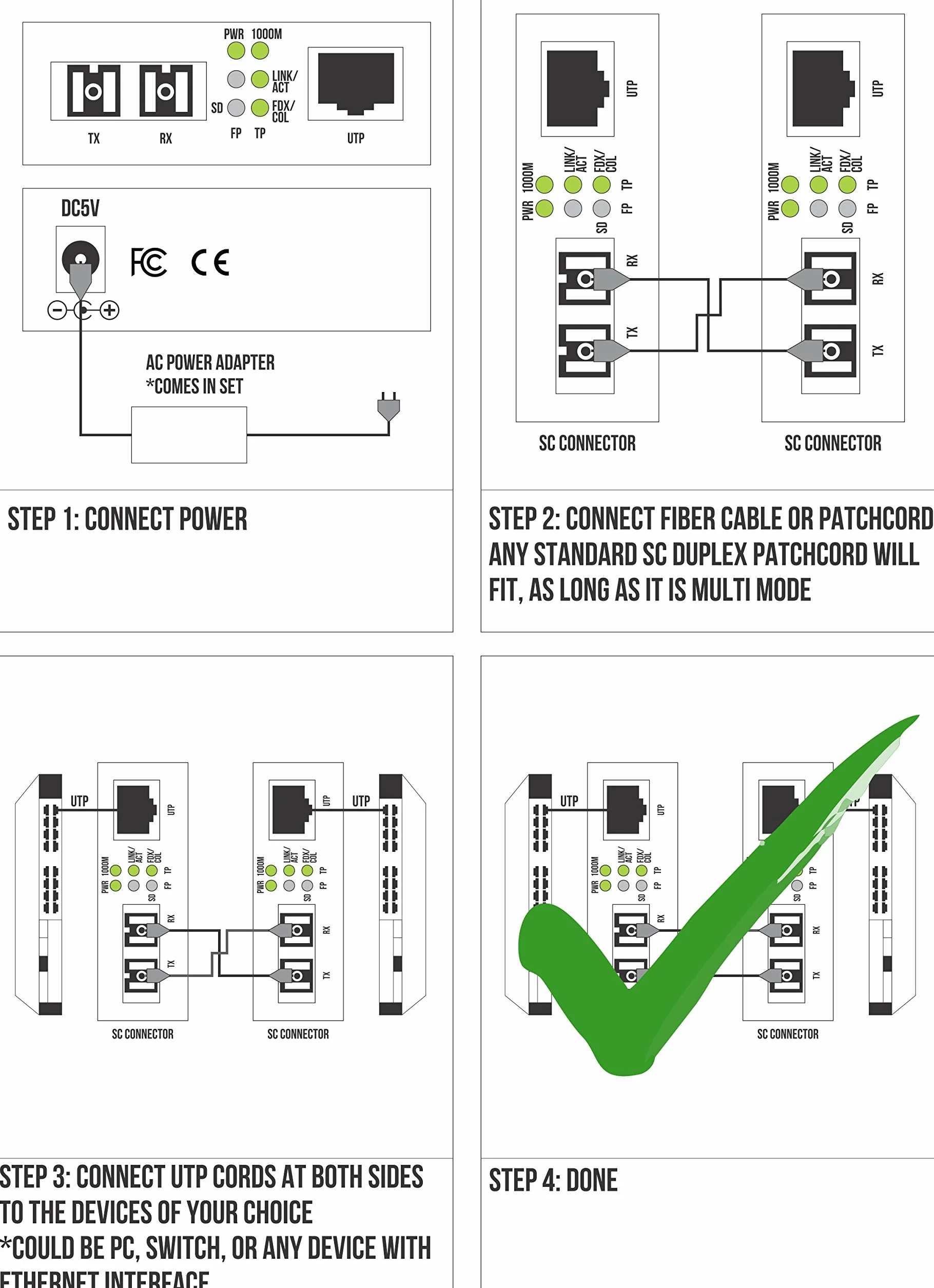 Multimode Gigabit Fiber Media Converter - wbudowany moduł światłowodowy 2 km (1,24 mil) SC do UTP Cat5e Cat6 10/100/1000 RJ-45" Auto Gigabit lub Fast Ethernet Speed - Ramka Jumbo - Obsługa LLF