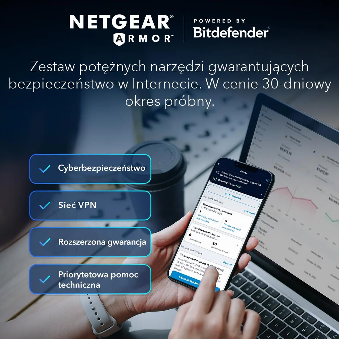 Trójpasmowy router WiFi 6E (RAXE300) NETGEAR Nighthawk - funkcje zabezpieczeń, bezprzewodowa szybkość gigabitowa AXE7800 (do 7,8 Gb/s), nowe pasmo 6 GHz, 8 strumieni do 185 m2, 40 urządzeń