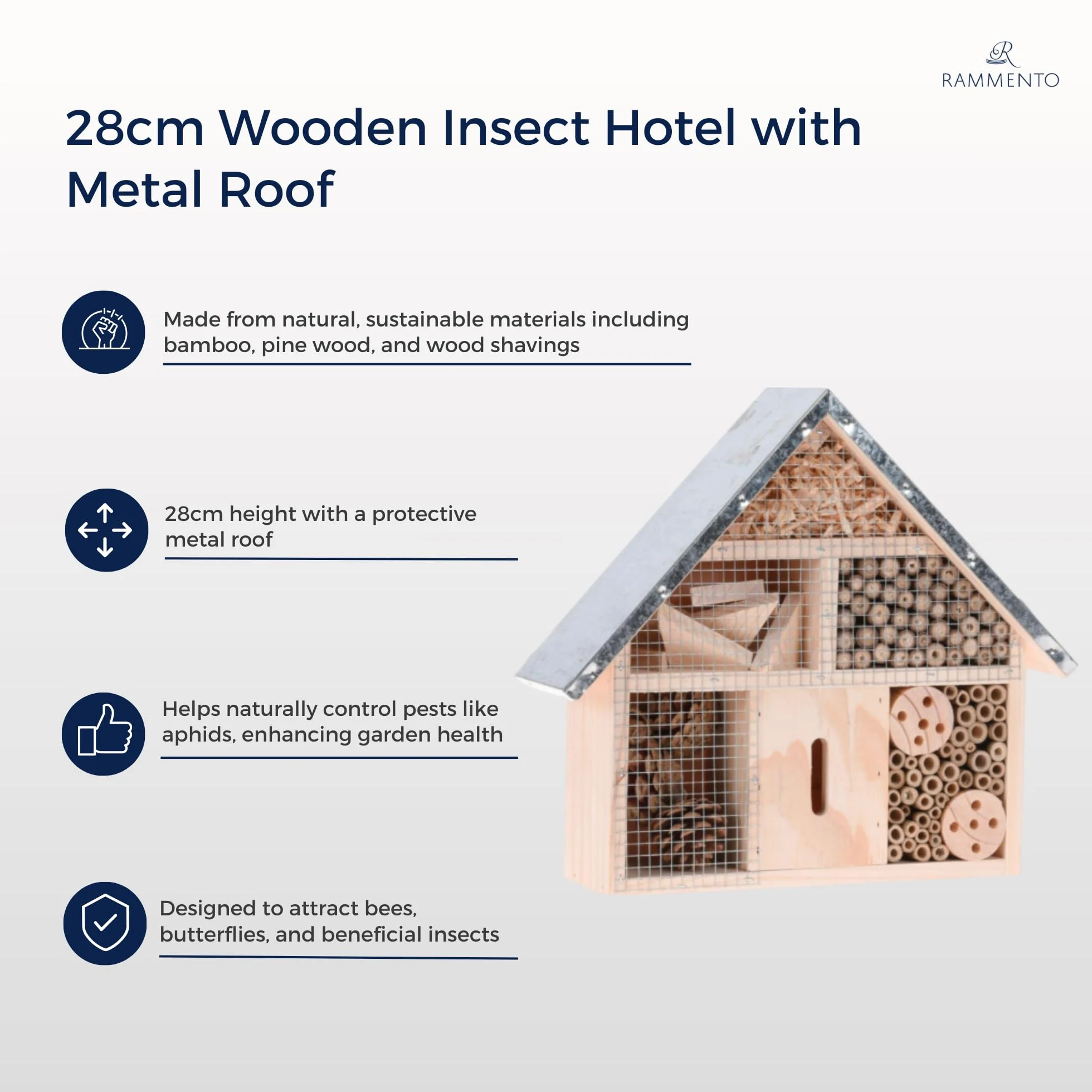 28 cm drewniany hotel dla owadów do ogrodu z metalowym dachem | Zewnętrzne schronienie lęgowe dla owadów, pszczół i motyli | Ozdoba ogrodu pszczół i dom dla owadów i owadów | Ekologiczna skrzynka