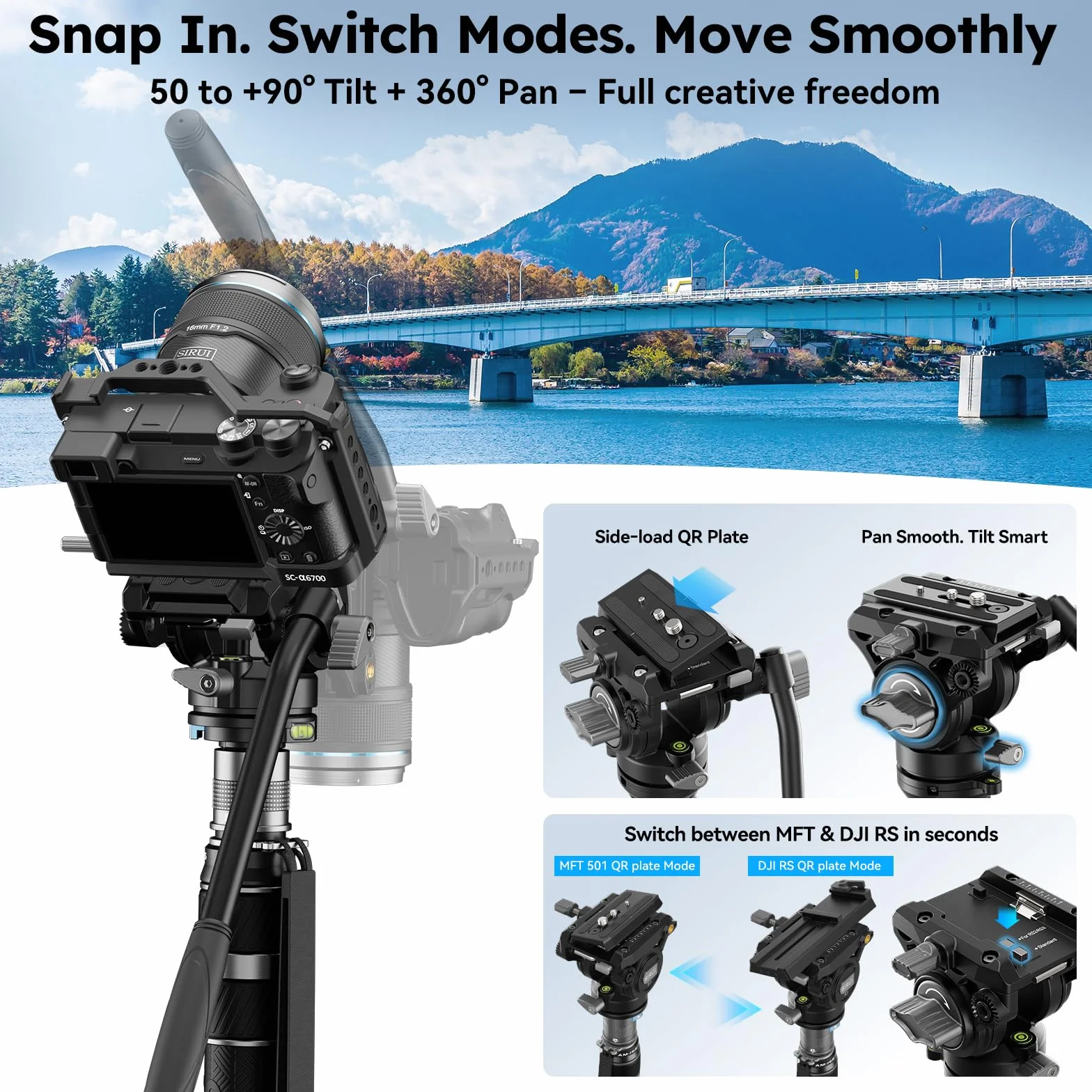 SIRUI Monopod wideo z włókna węglowego do aparatu, monopod 3 w 1 do głowicy płynu, maksymalna wysokość 165 cm, nośność 6 kg, głowica płynu do DJI RS i MFT 501