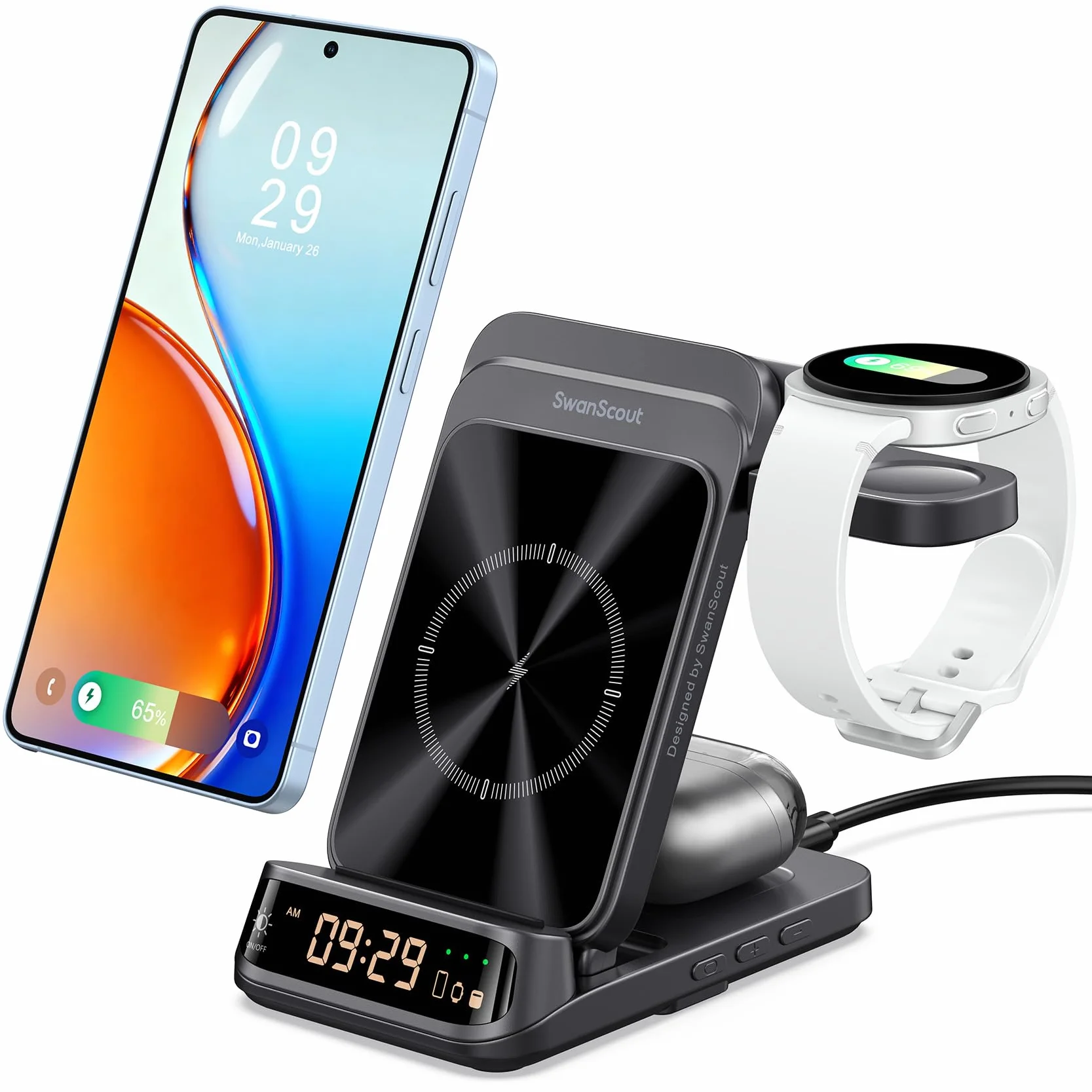 SwanScout Indukcyjna stacja ładująca, bezprzewodowa ładowarka do Samsung Galaxy S25 Ultra/S25+/S25/S24/S23/S22/S21, do Galaxy Watch Ultra/8/8 Classic/7/6/5/4, SwanScout 708S (bez adaptera) (czarna)