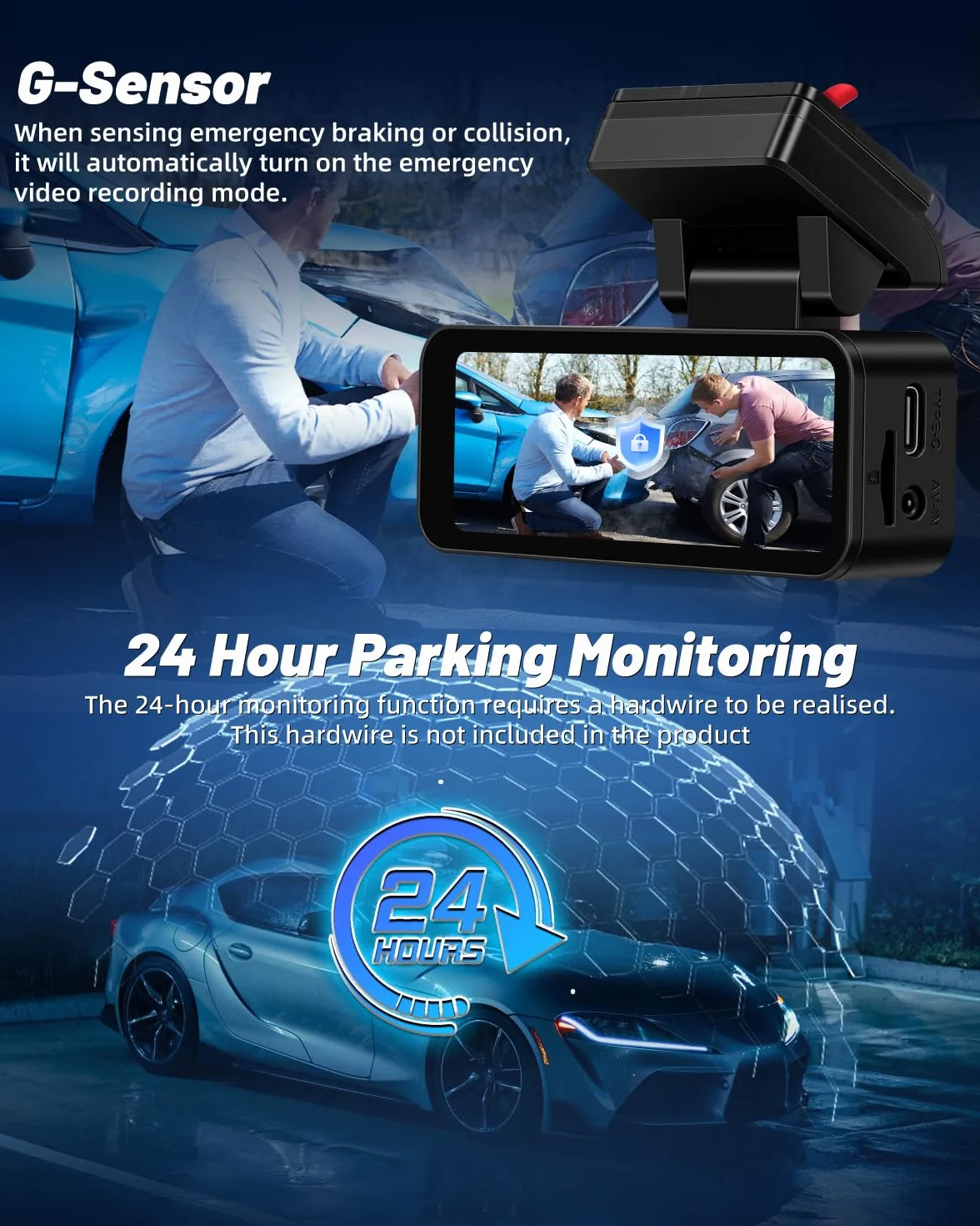 NHOPEEW Podwójna kamera na deskę rozdzielczą 4K z Wi-Fi i GPS, 3,16-calowa kamera samochodowa IPS z przodu 4K + tył 1080p, widoczność w nocy, nagrywanie w pętli, czujnik G, 24-godzinny tryb parkowania