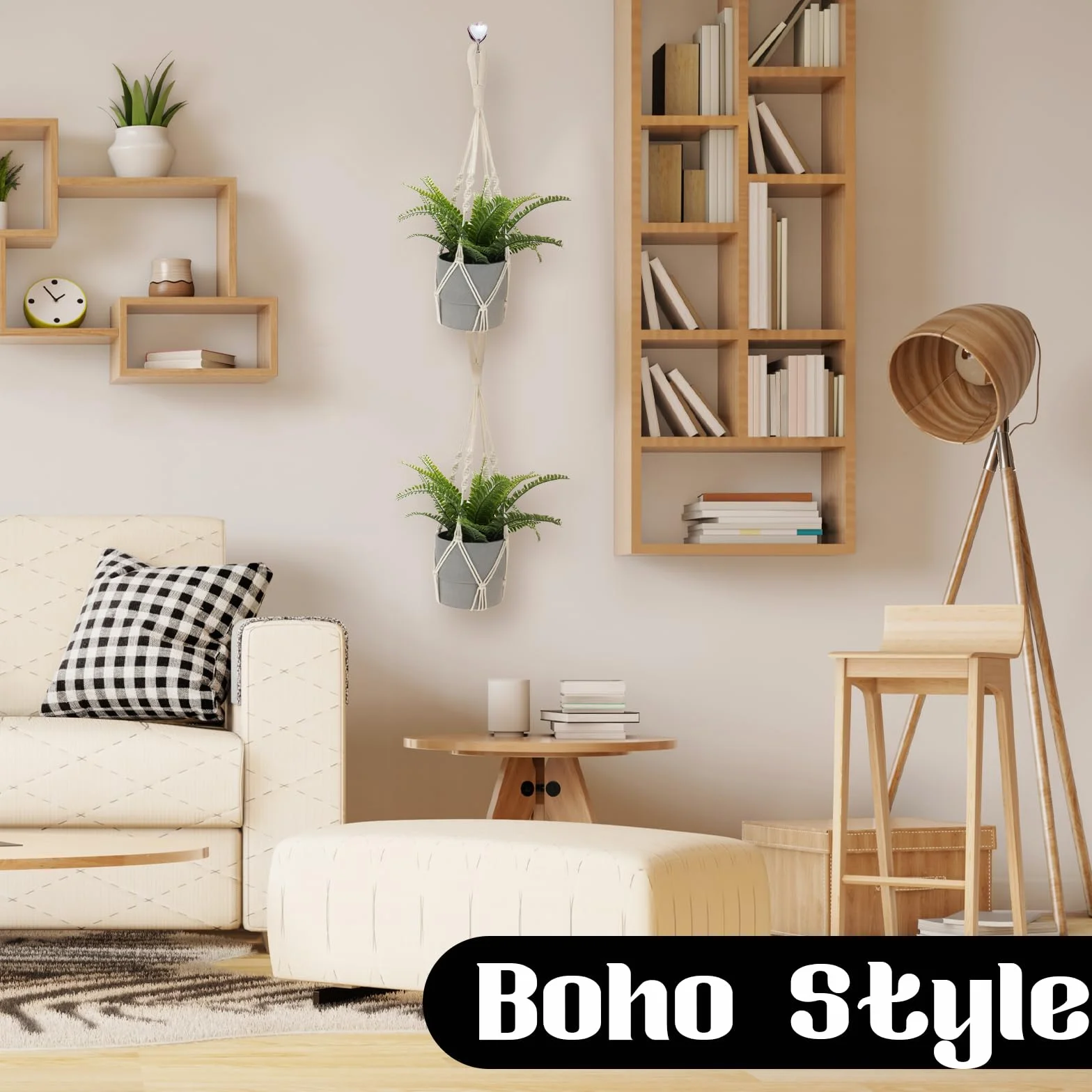 Jeffdad 2 Sztuki Makrama, Bawełniana Linka do Wiszącej Doniczki w Stylu Boho, Beżowa Lampa Wisząca do Zawieszenia Wewnątrz i na Zewnątrz, Dekoracja Ścienna dla Ogrodu, Salonu, Balkonu, Okna