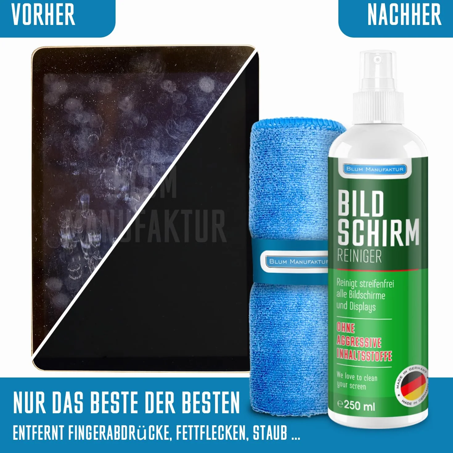 Blum Manufaktur Screen Cleaner 250 ml - środek do czyszczenia ekranów - środek do czyszczenia komputerów - w zestawie ściereczka z mikrofibry 30 x 30 cm - środek do czyszczenia monitorów - Made in Germany