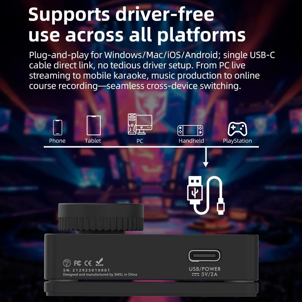 SMSL Nano ONE, zewnętrzna karta dźwiękowa do gier mikrofon/wejście USB, wyjście słuchawkowe 3,5 mm cztery tryby: muzyka/gra/7.1 Virtual/Voice Enhancement łączy się z telefonami/tabletami/komputerami
