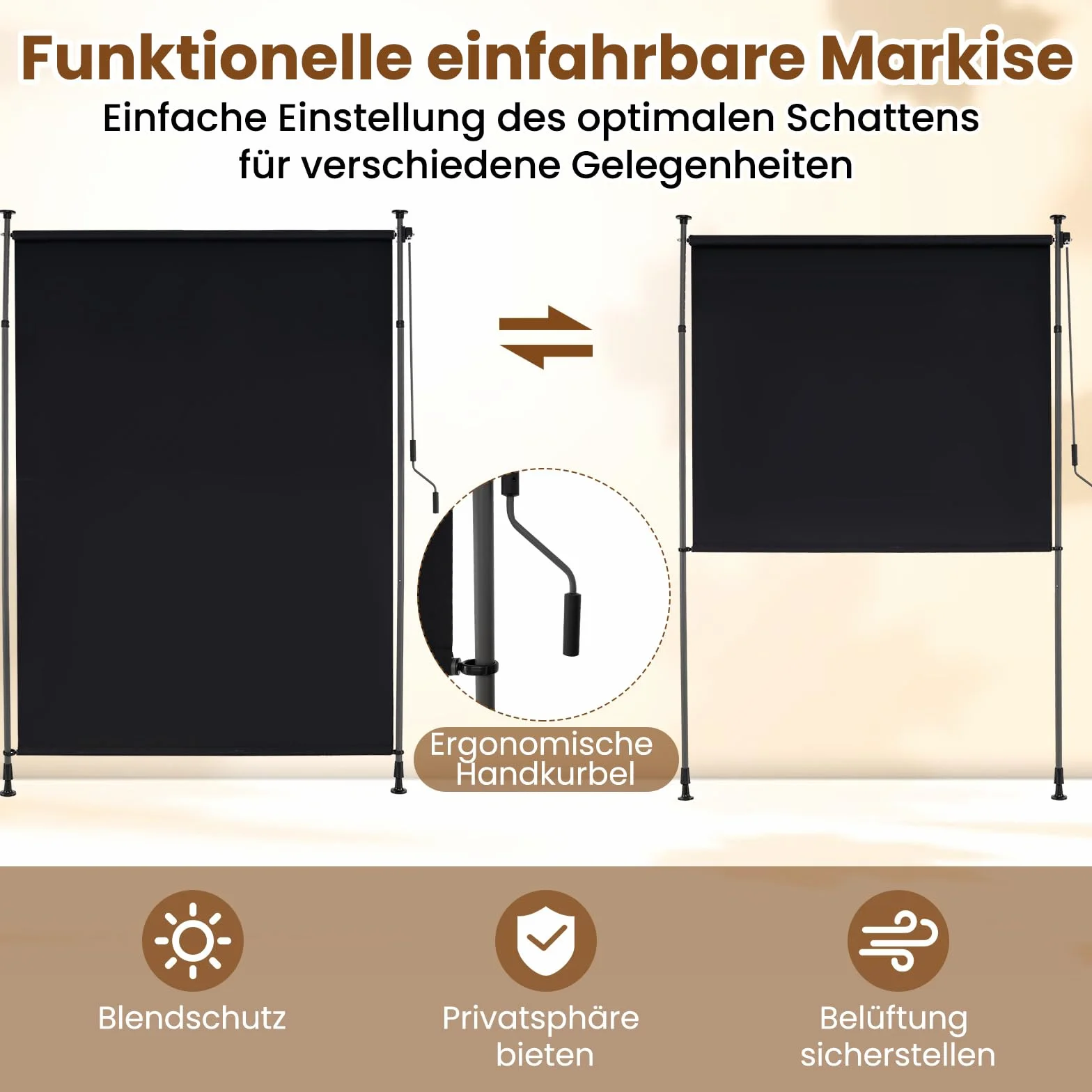 COSTWAY Markiza pionowa zewnętrzna, markiza pionowa, 250 x 220-310 cm, z regulacją wysokości i wysuwana, bez wiercenia, roleta balkonowa z korbą, ochrona przed spojrzeniami, na balkon, taras