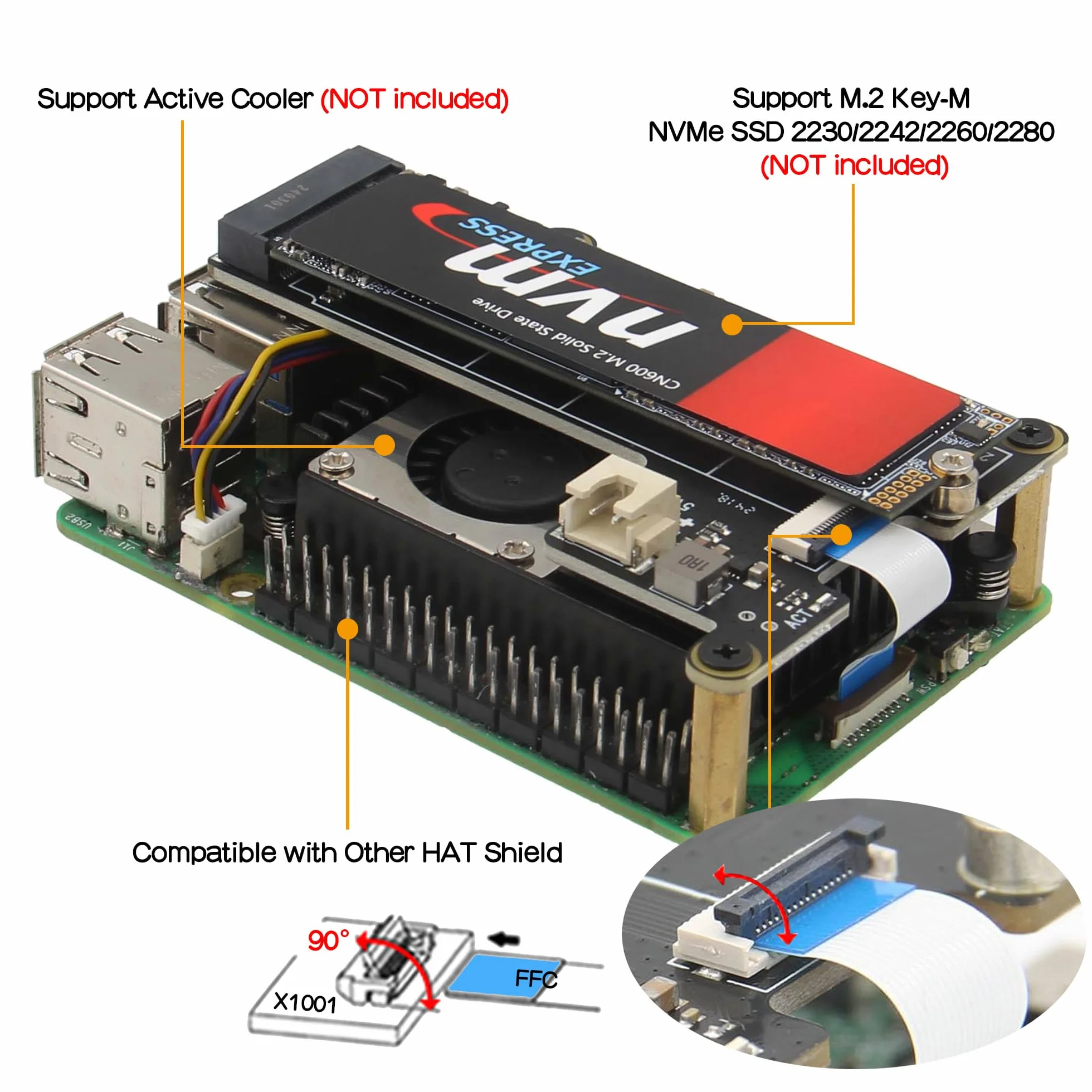 Geekworm X1001 PCIe to M.2 NVMe SSD PIP PCIe Peripheral Board for Raspberry Pi 5