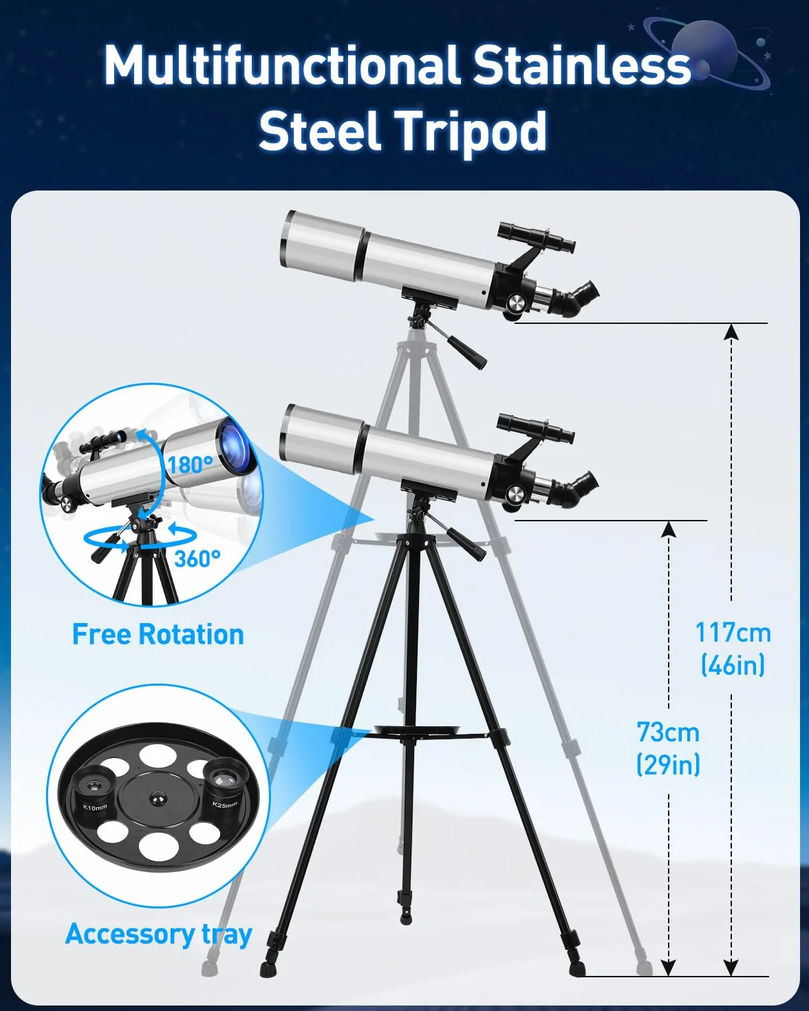 Teleskopowy refraktor astronomiczny 90/600 mm ze statywem aluminiowym – kompletny zestaw z 2 okularami (10 mm i 25 mm), 3 x soczewka Barlow, adapter do smartfona i torba do przenoszenia