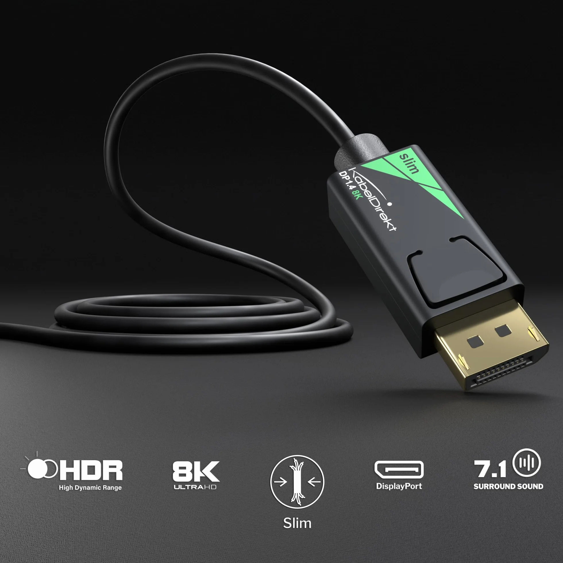 KabelDirekt DisplayPort 8K 60Hz DP 1.4 5m Kabel 4,5mm