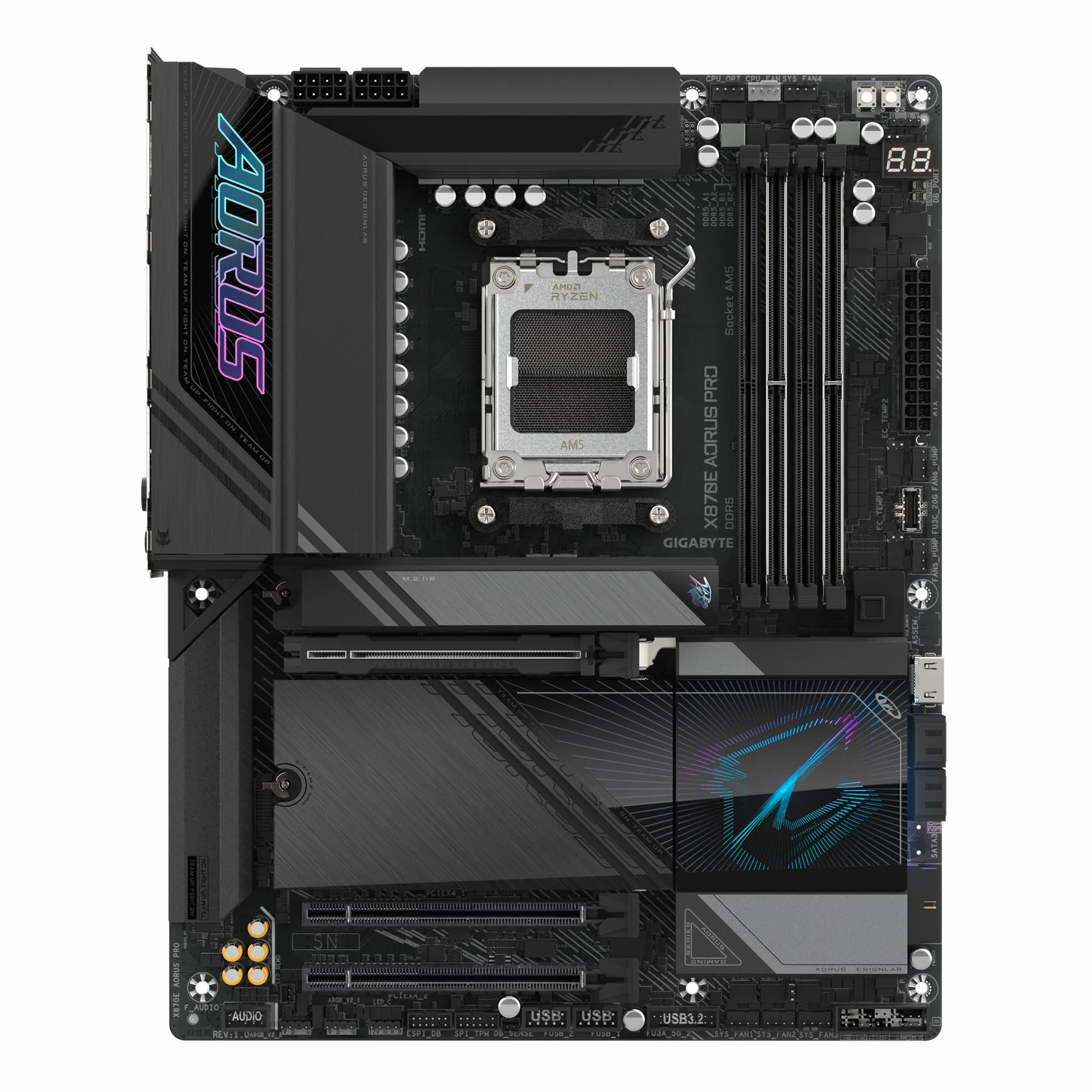 GIGABYTE Płyta główna X870E AORUS Pro - obsługuje procesory AMD Ryzen 9000, cyfrowy VRM 16+2+2 fazy, do 8000 MHz DDR5 (OC), 3xPCIe 5.0, Wi-Fi 7, LAN 2.5GbE, USB 4