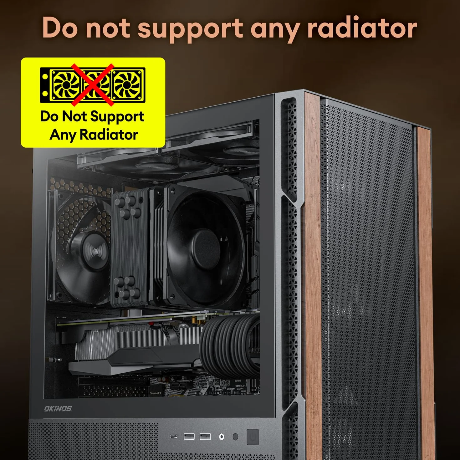 Okinos Drewniana obudowa Micro ATX, 4 × 120 mm 3-pinowe wentylatory bez PWM wstępnie zainstalowane, panel boczny ze szkła hartowanego, z type-C, czarny, cyprys 3 drewno