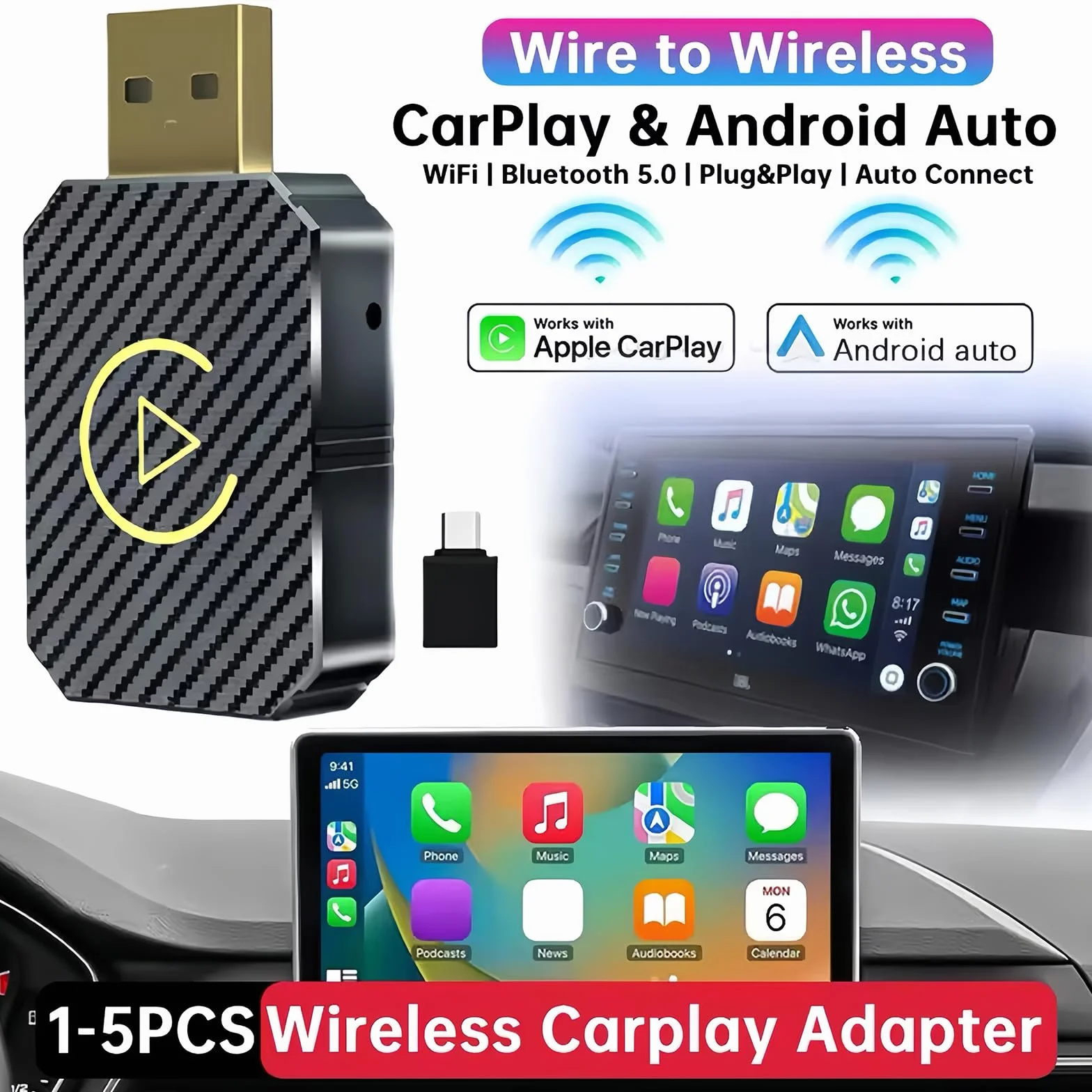 Bezprzewodowy adapter Carplay, 2025 Upgrade bezprzewodowy adapter Android Auto, 2 w 1 bezprzewodowy auto stick Carplay Kompatybilny, Plug & Play, Kompatybilny z samochodami od 2016 i iOS 10+