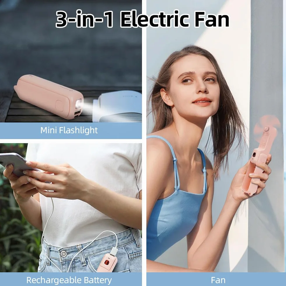AUAUY Przenośny mini wentylator, wentylator ręczny 3 w 1, wentylator kieszonkowy ładowany przez USB, cichy mini wentylator z 3 prędkościami, z baterią zewnętrzną i latarką