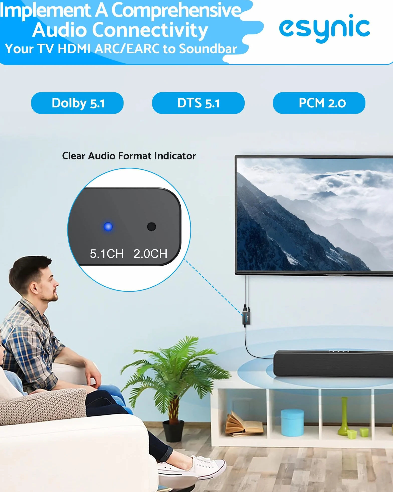 eSynic Profesjonalny ekstraktor audio 192 kHz eARC ARC HDMI do optycznego ekstraktora audio z HDMI i kablem optycznym obsługuje format audio 5.0 i 2.0 do HDTV do soundbara (należy podłączyć telewizor