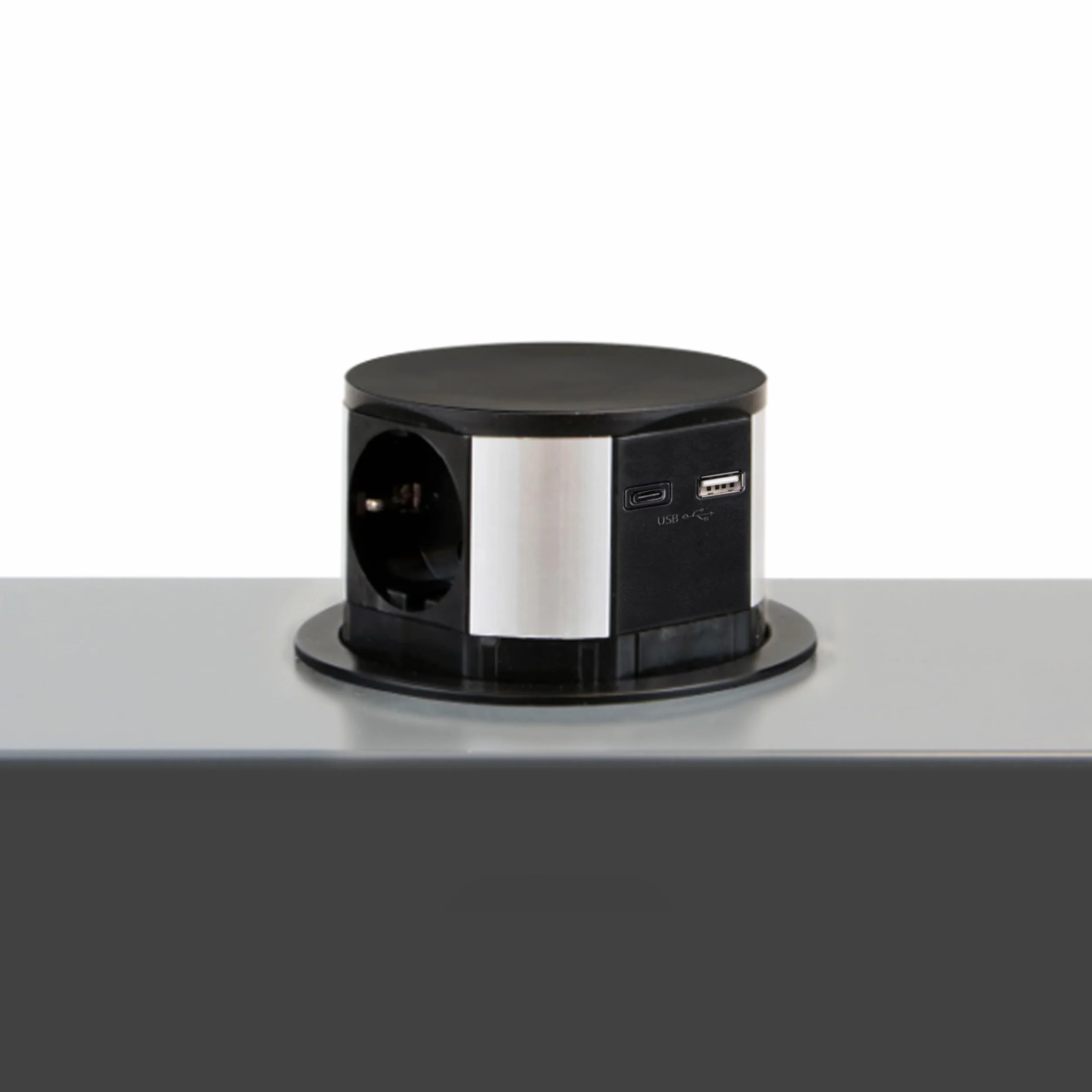 Emuca - Listwa zasilająca z gniazdkami Vertikal Push średnica 100 mm, 3 wtyczki typu Schuko, 1 USB typu A, 1 USB typu C, Stal i Plastik, Malowane na czarno
