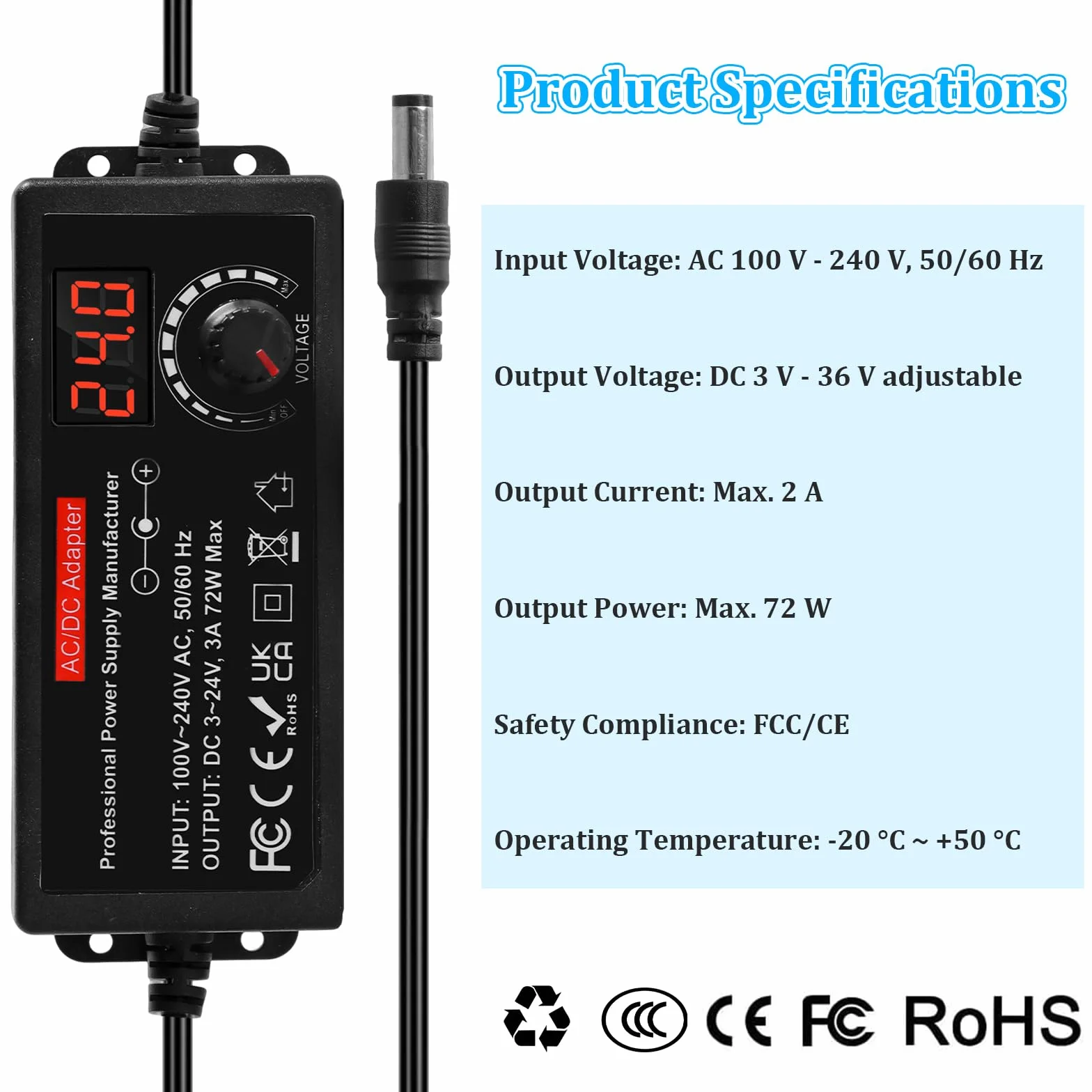 Uniwersalny zasilacz 3 V-24 V, regulowany zasilacz 100 V-240 V AC do DC ze wskaźnikiem napięcia LED 3 A 72 W, regulowany adapter sieciowy 5,5 x 2,5 mm, 16 końcówek, regulowany adapter sieciowy