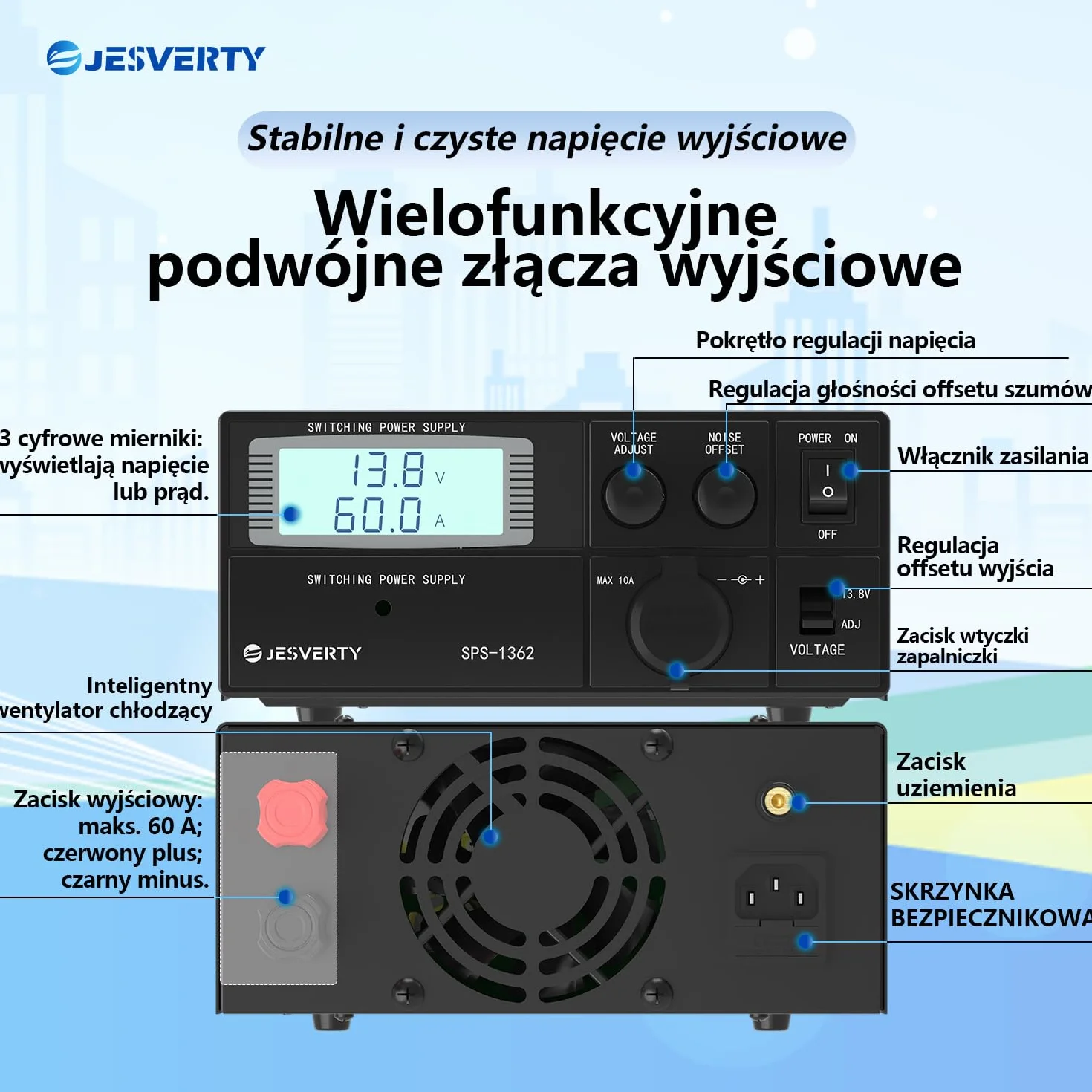 Uniwersalny kompaktowy zasilacz laboratoryjny-Convertidor de CA a CC de 60A, salida ajustable de 9 a 15V (fija conmutable de 13,8V),conectores Anderson,compensación de ruido, USB-C Jesverty SPS-1362