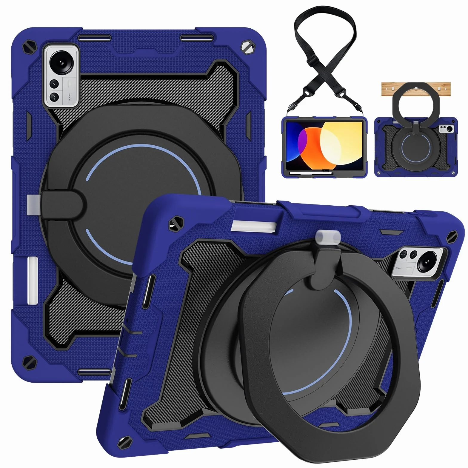 Wytrzymałe etui ochronne do Xiaomi Mi Pad 5 Pro 12,4 cala, obrotowy uchwyt o 360°, pasek na ramię, ołówek i pierścień z uchwytem, etui odporne na wstrząsy dla dzieci i dorosłych (Ciemnoniebieski