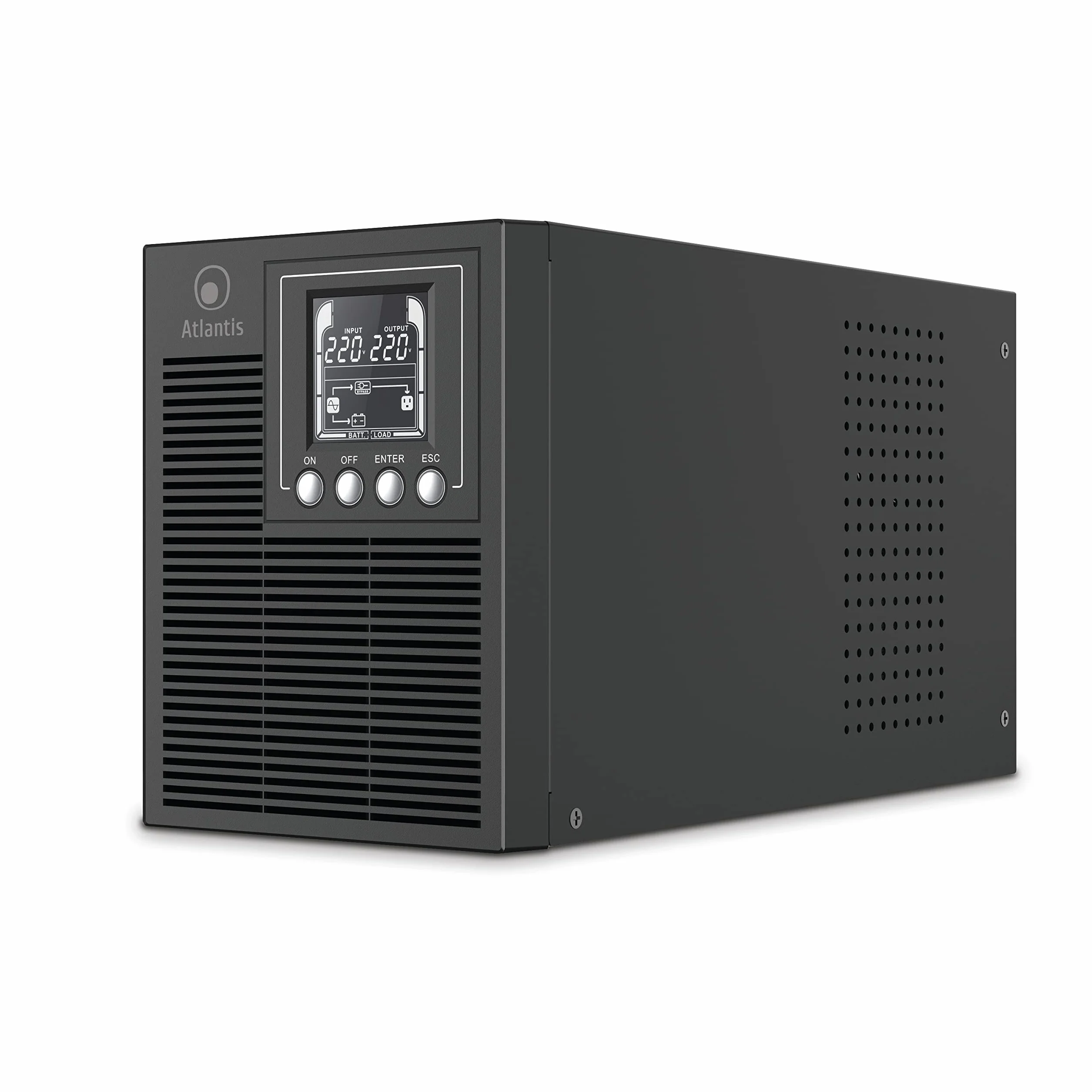 Atlantis A03-OP1002 UPS OnLine zasilacz awaryjny z podwójną konwersją czystej fali sinusoidalnej 1000 VA 900 W, Tower, wyświetlacz LCD, USB, szeregowy RS-232, 4 wyjścia IEC, port EPO, gniazdo SNMP, 2