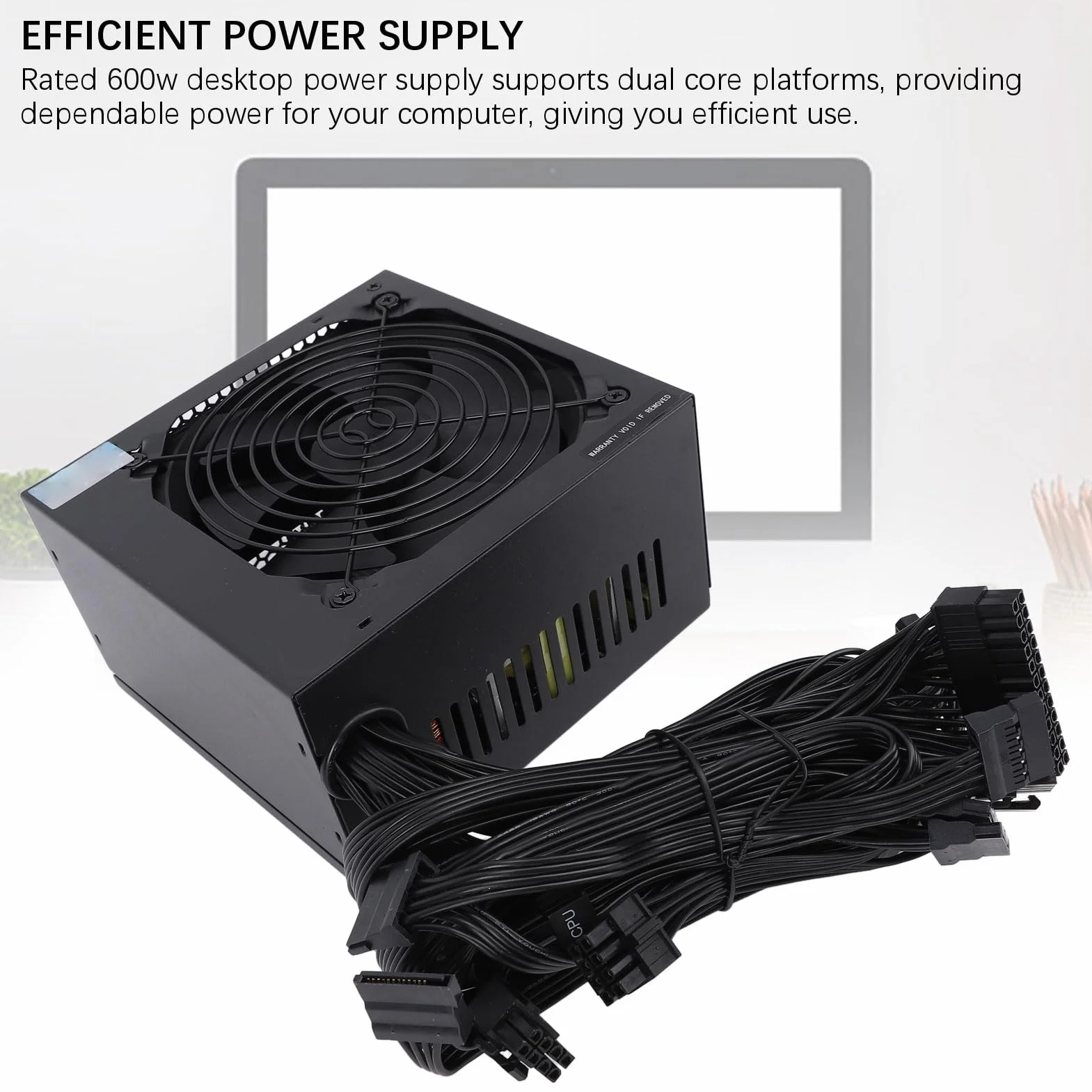 Emoshayoga Zasilacz Komputerowy o Mocy 600 W, Wydajny i Niezawodny Zasilacz do Komputerów Stacjonarnych do Gier z Czarnym Wentylatorem 12 Cm ze Stopu Aluminium