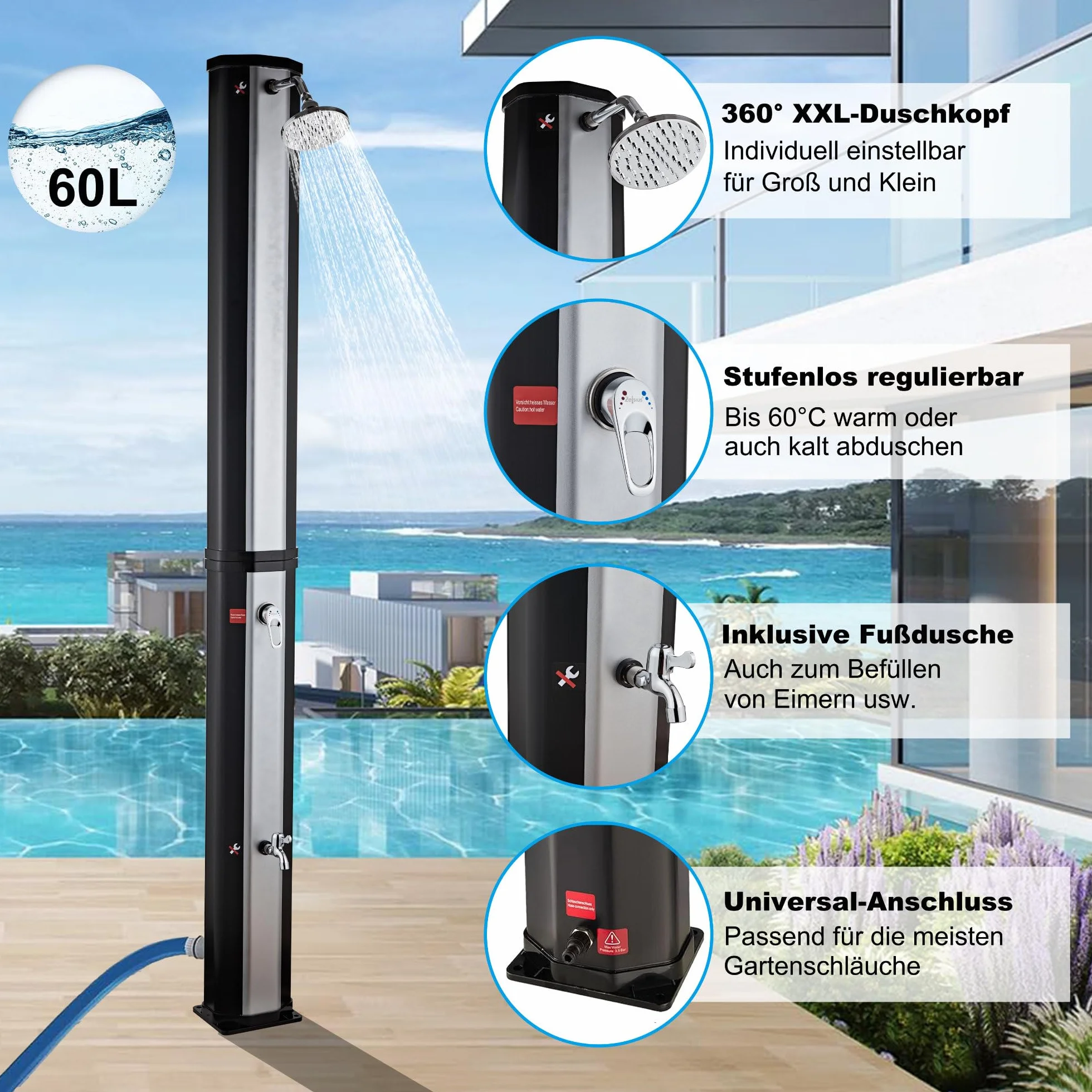 Prysznic solarny Taree z kranem 60L srebrny 60°C