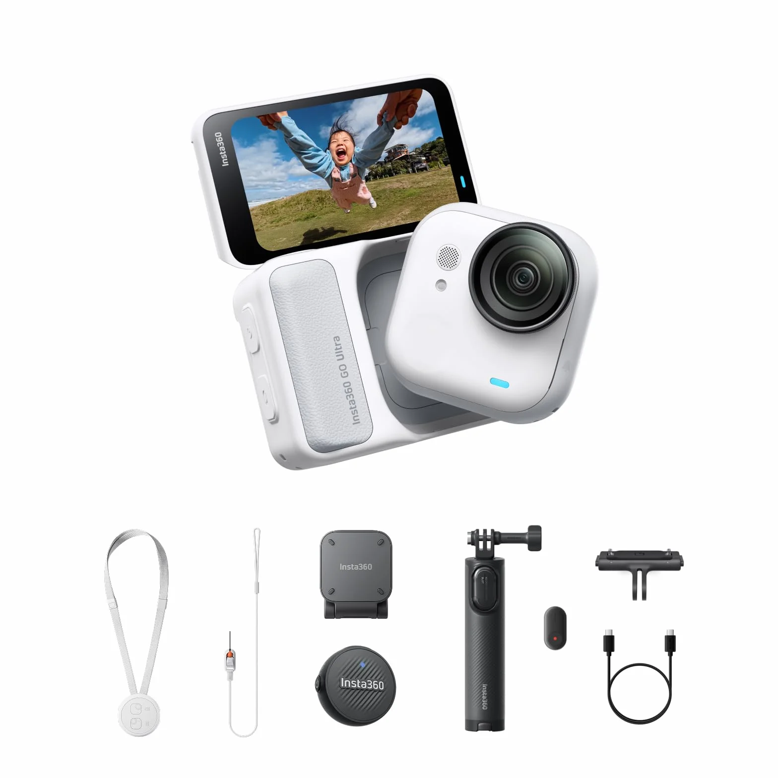 Insta360 GO Ultra Vlogger zestaw mini kamery 4K bez użycia rąk, lekki i mobilny, do montażu w dowolnym miejscu, stabilizacja FlowState, akumulator 200 min, wodoszczelny 10 m, rower