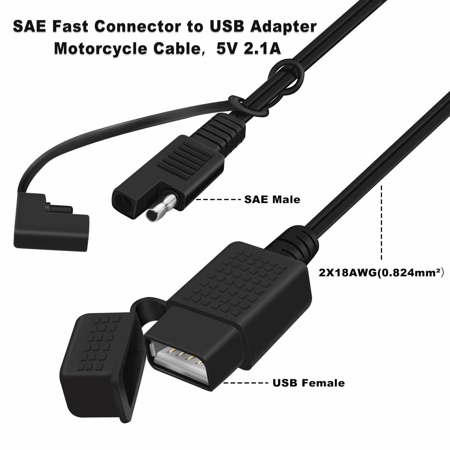 SAE na kabel USB 18 AWG 5 V 2,1 A, adapter SAE 2-pinowy na USB, z wodoszczelną osłoną, do telefonu, tabletu, ładowarki GPS (przyłącze 1, 1 m)