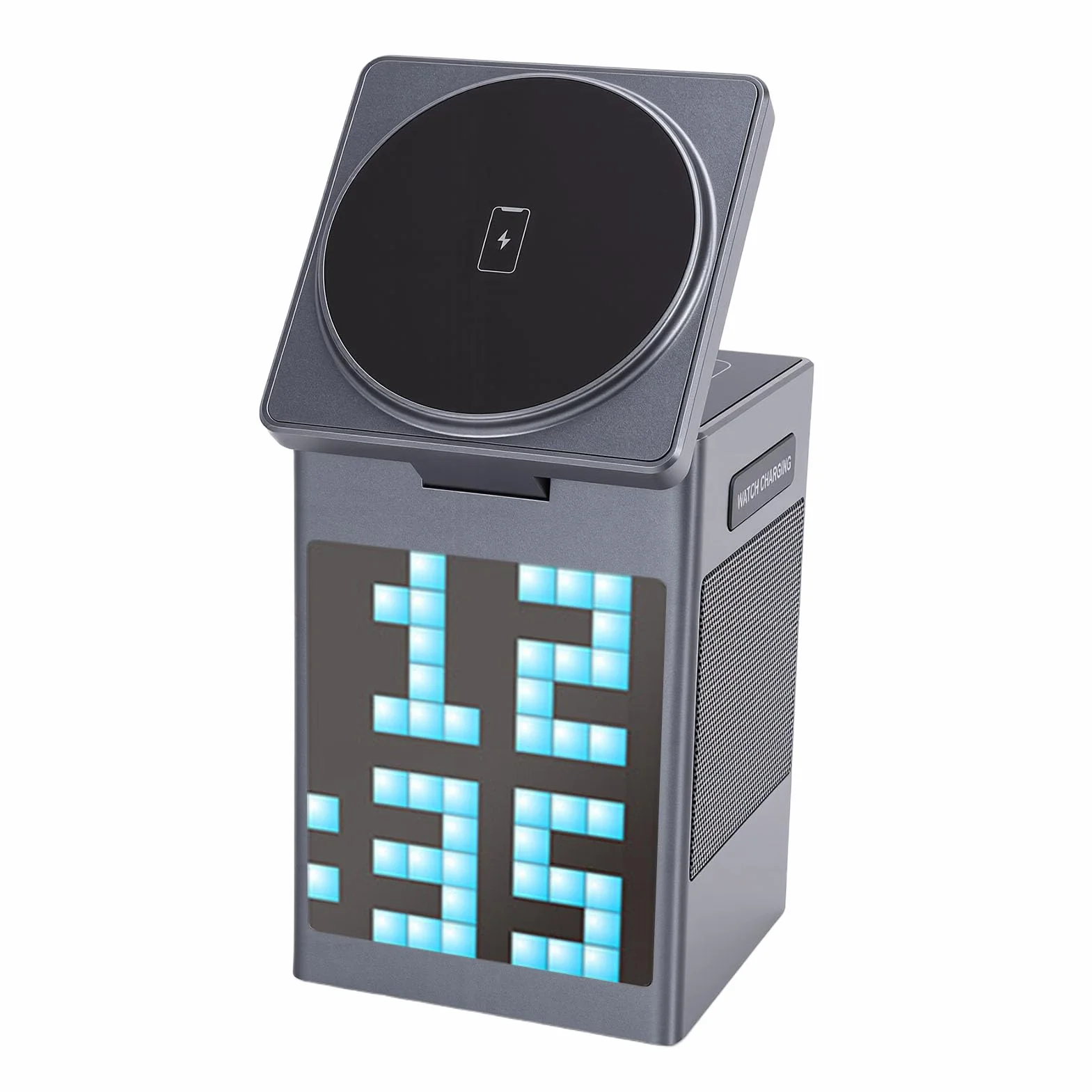 Bewinner Bezprzewodowa Stacja ładująca 6 w 1 z Głośnikiem Bluetooth, Wyświetlaczem z animacją Pikseli, Budzikiem, ładowarką do Wielu urządzeń do Słuchawek Telefonicznych i Zegarka