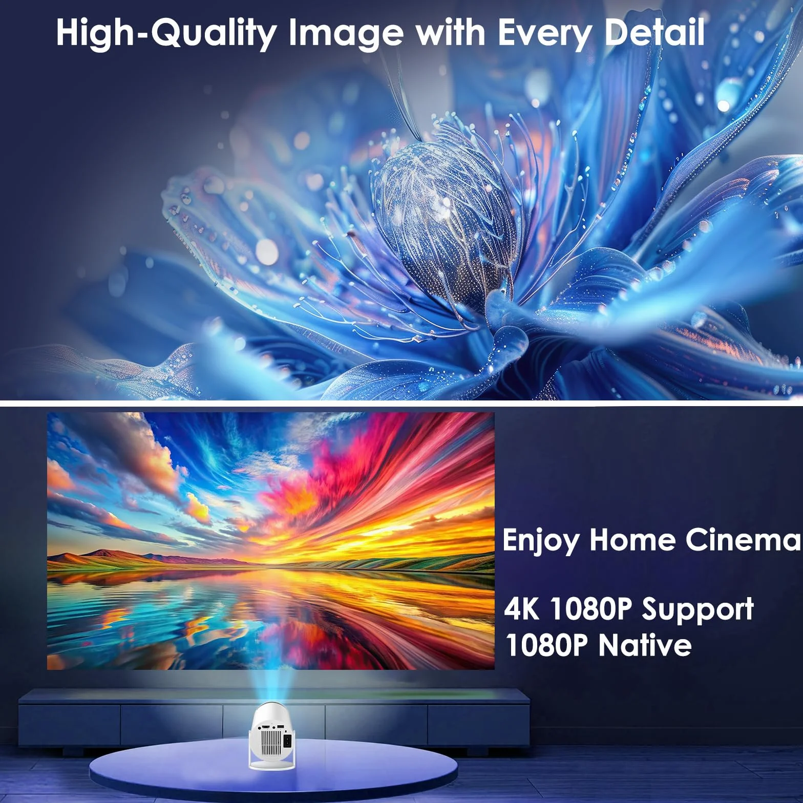 [Wbudowana aplikacja] Przenośny projektor mini projektor z WiFi 6 i Bluetooth 5.4 Reflektor obsługuje 4K 1080P, automatyczny obrót Keystone 270°, kompatybilny z HDMI/TV Stick/laptopem/Memory Stick