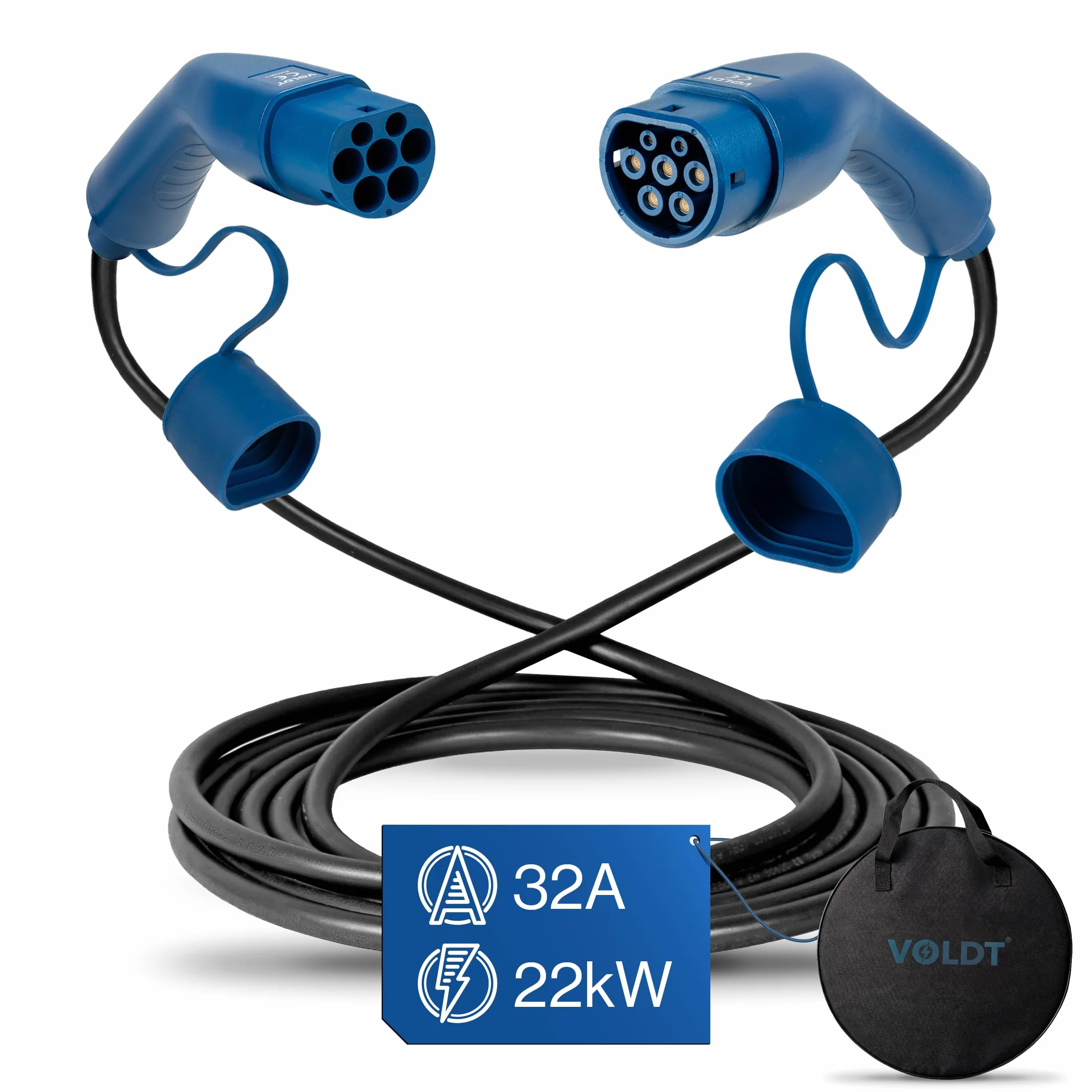 Voldt typ 2 kabel do ładowania 22 kW 32 A, 3-fazowy dla samochodów elektrycznych EV PHEV, kabel ładujący typ 2 do typu 2 Modus 3, odpowiedni dla modeli S/X/Y/3, ID.4, E-Tron, e-208, I4, IX1, Zoe itp