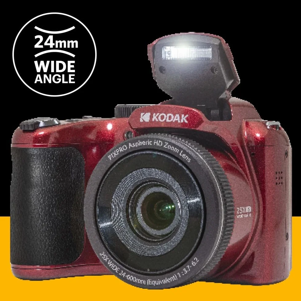KODAK Pixpro Astro Zoom AZ255 + karta pamięci SD 32 GB - aparat cyfrowy 16 MP, 25-krotny zoom, wideo HD 1080p, szeroki kąt 24 mm, ekran LCD 3, bateria AA - czerwona