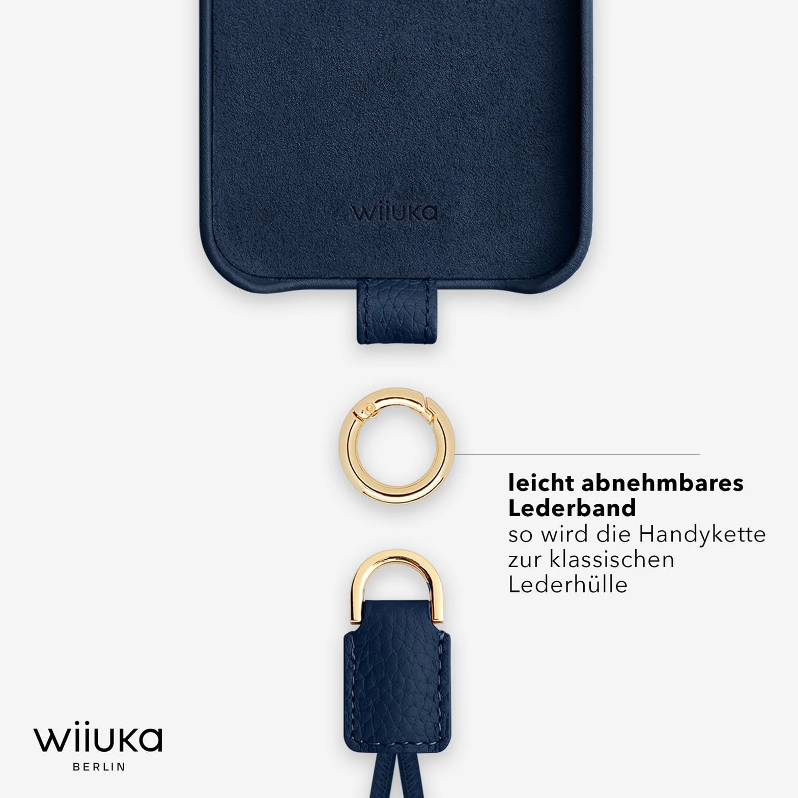 WIIUKA Etui do iPhone 17, skórzane etui z Niemiec, skórzane etui na telefon komórkowy, wysokiej jakości etui na telefon komórkowy, etui, łańcuszek, pętla narciarska, ciemnoniebieskie niebieskie