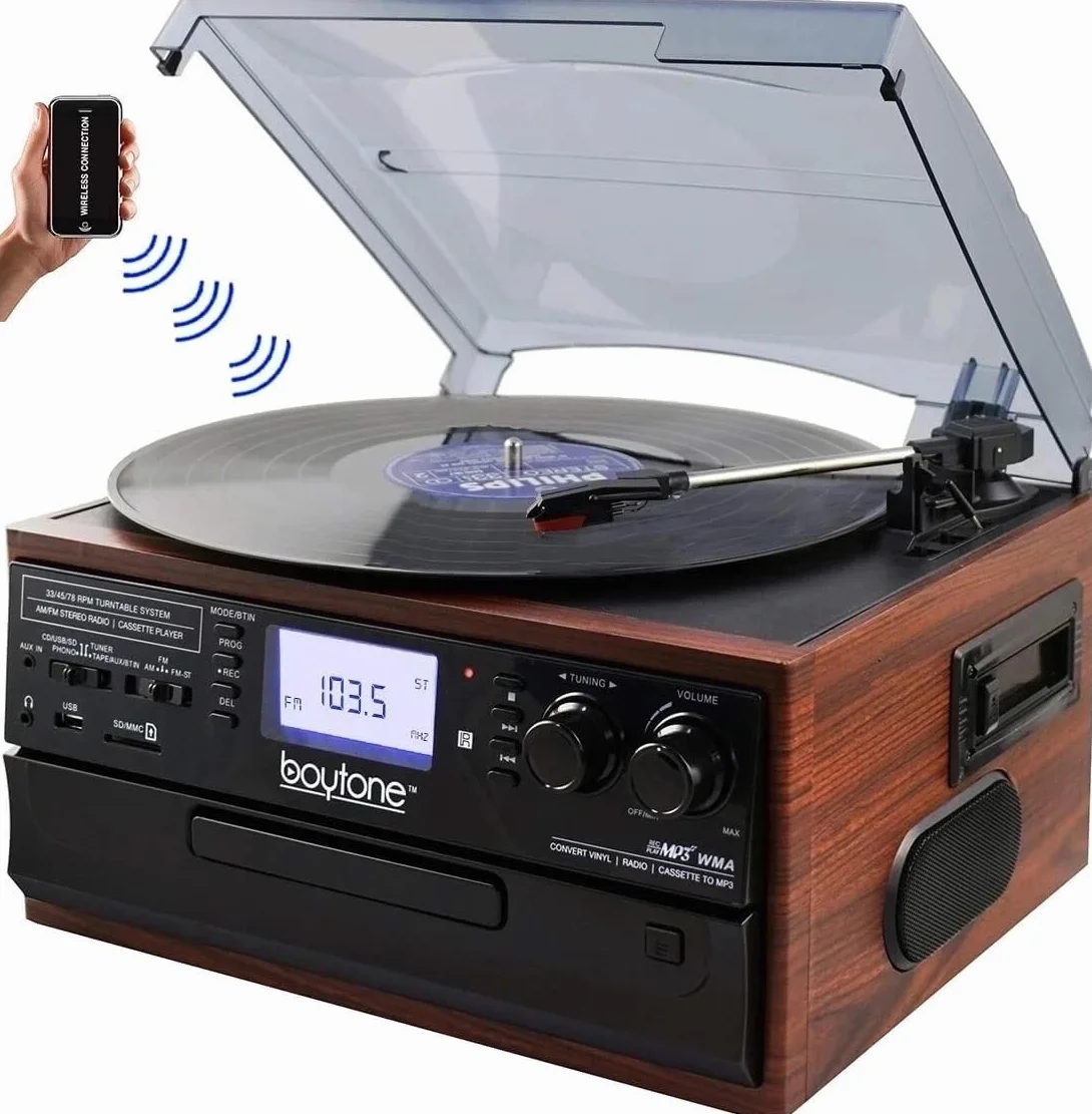 Boytone BT-22M, gramofon Bluetooth, radio AM/FM, kaseta, odtwarzacz CD, 2 wbudowane głośniki, możliwość konwersji winylu, radia, kasety, CD na MP3 bez komputera, gniazdo SD, USB, AUX