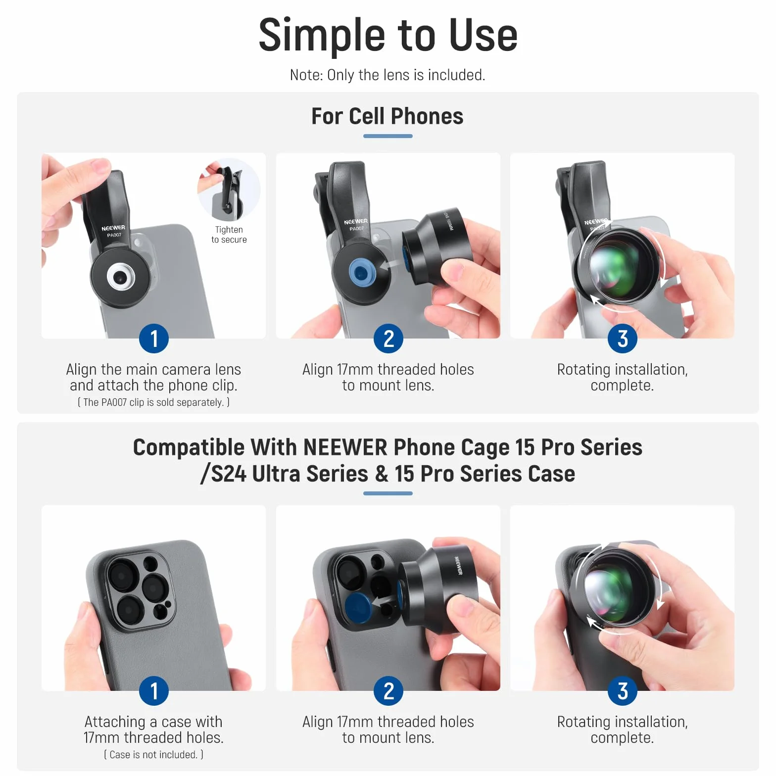 NEEWER Obiektyw makro HD 105 mm tylko do tylnej płyty gwintowanej 17 mm, kompatybilne z SmallRig Neewer iPhone Samsung, etui na telefon z adapterem obiektywu 17 mm, gwint przedni 46 mm, LS-26