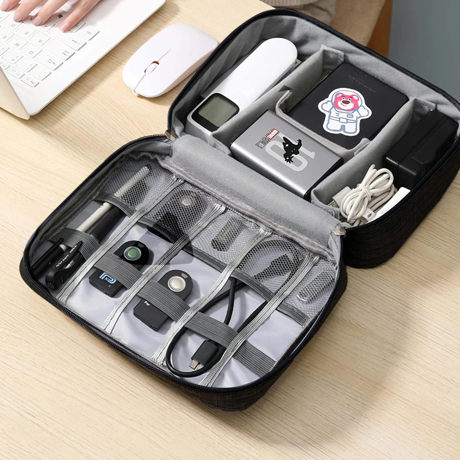 AiQInu Data cable storage bag-Grey Torba na kable, uniwersalny organizer na kable, 2 warstwy, wodoszczelny, regulowany organizer na kable do ładowania, powerbank, pamięć USB, karty SD, szary