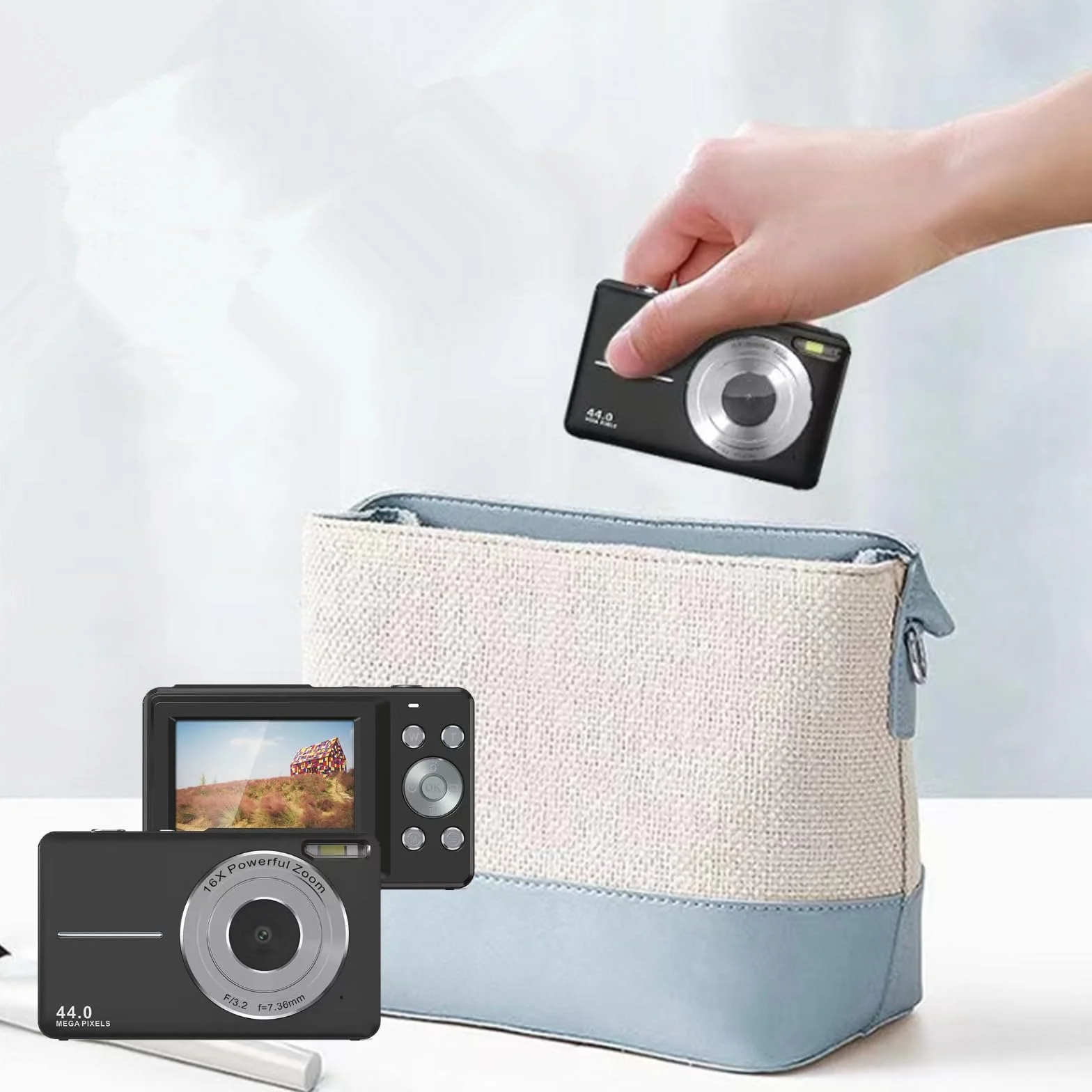 Andoer Aparat cyfrowy z 2 bateriami do wielokrotnego ładowania, karta pamięci 32 GB, 1080p, 44 m, HD, 16-krotny zoom cyfrowy, ochrona przed wstrząsami, automatyczne ustawianie ostrości, ekran 2,5 IPS