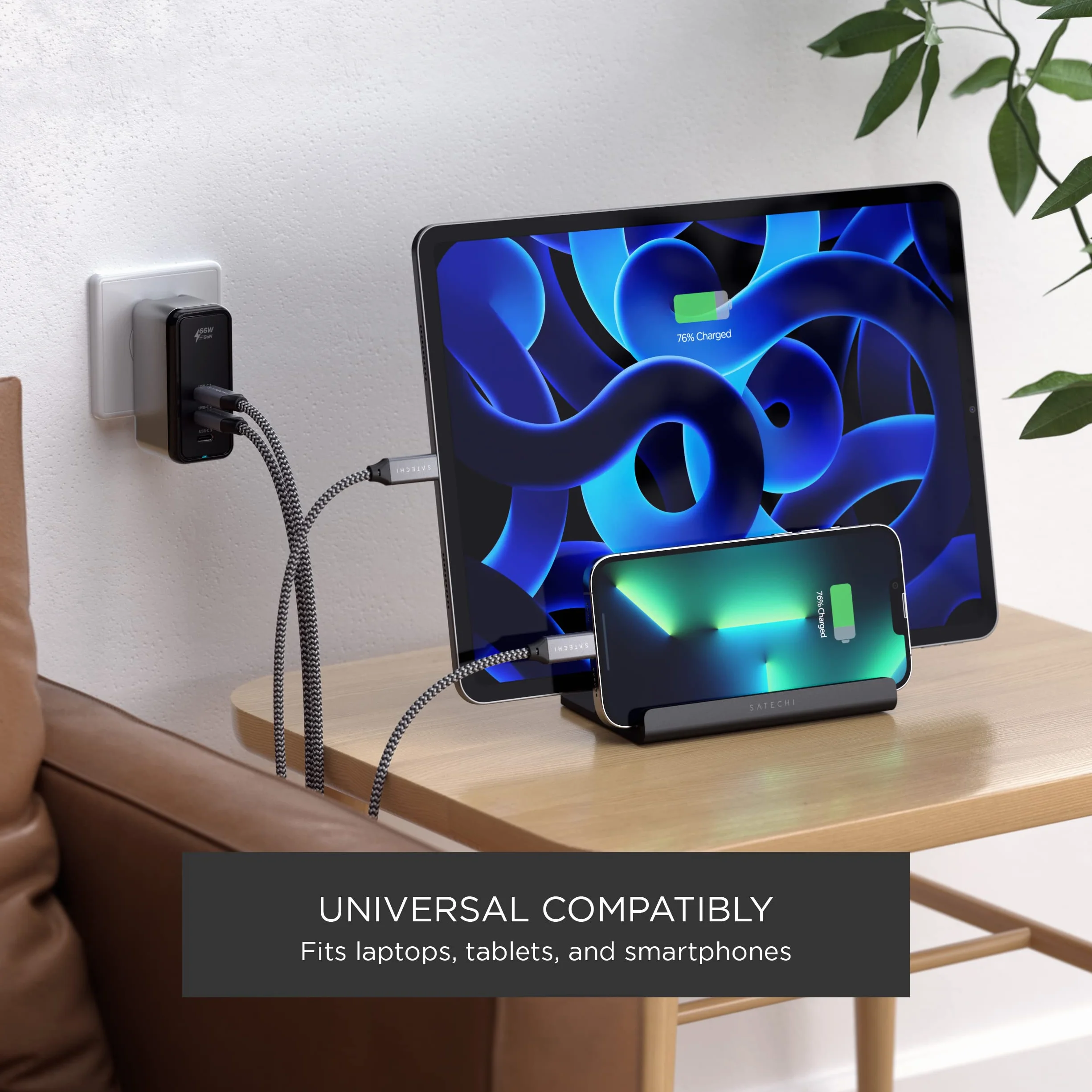 SATECHI Podwójny Pionowy Stojak Aluminiowy, Uniwersalna Kompatybilność z MacBook Air i Pro M5 M4, iPad Air i Pro M5 M4, iPad Mini, iPhone 17 i Innymi