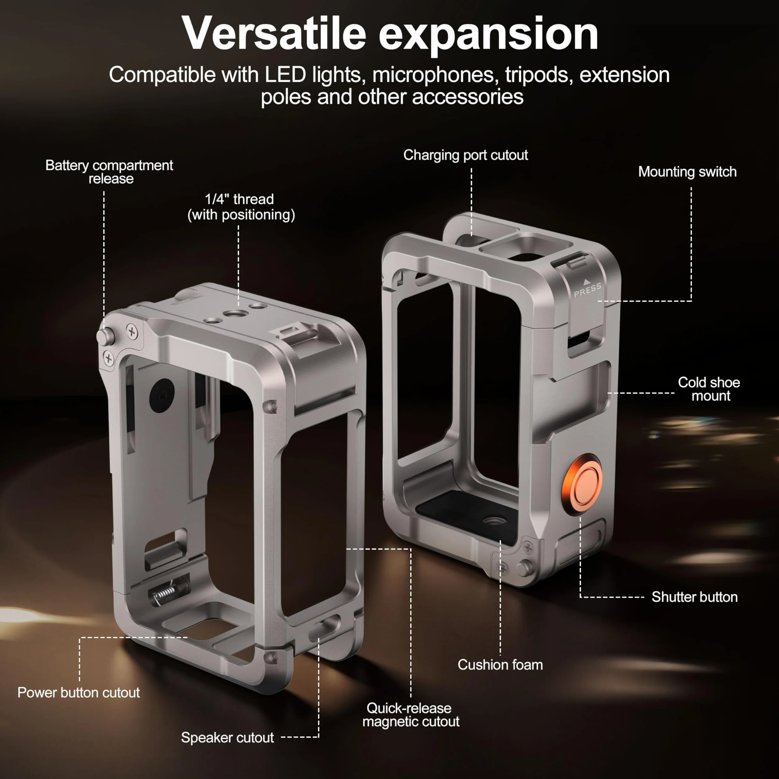 FiTSTILL Metalowa obudowa ochronna do DJI Osmo Action 6, wielofunkcyjna rama ochronna, metalowa obudowa z szybkim zapięciem, śruba 1/4" i stopka błyskowa, akcesoria do Action 6