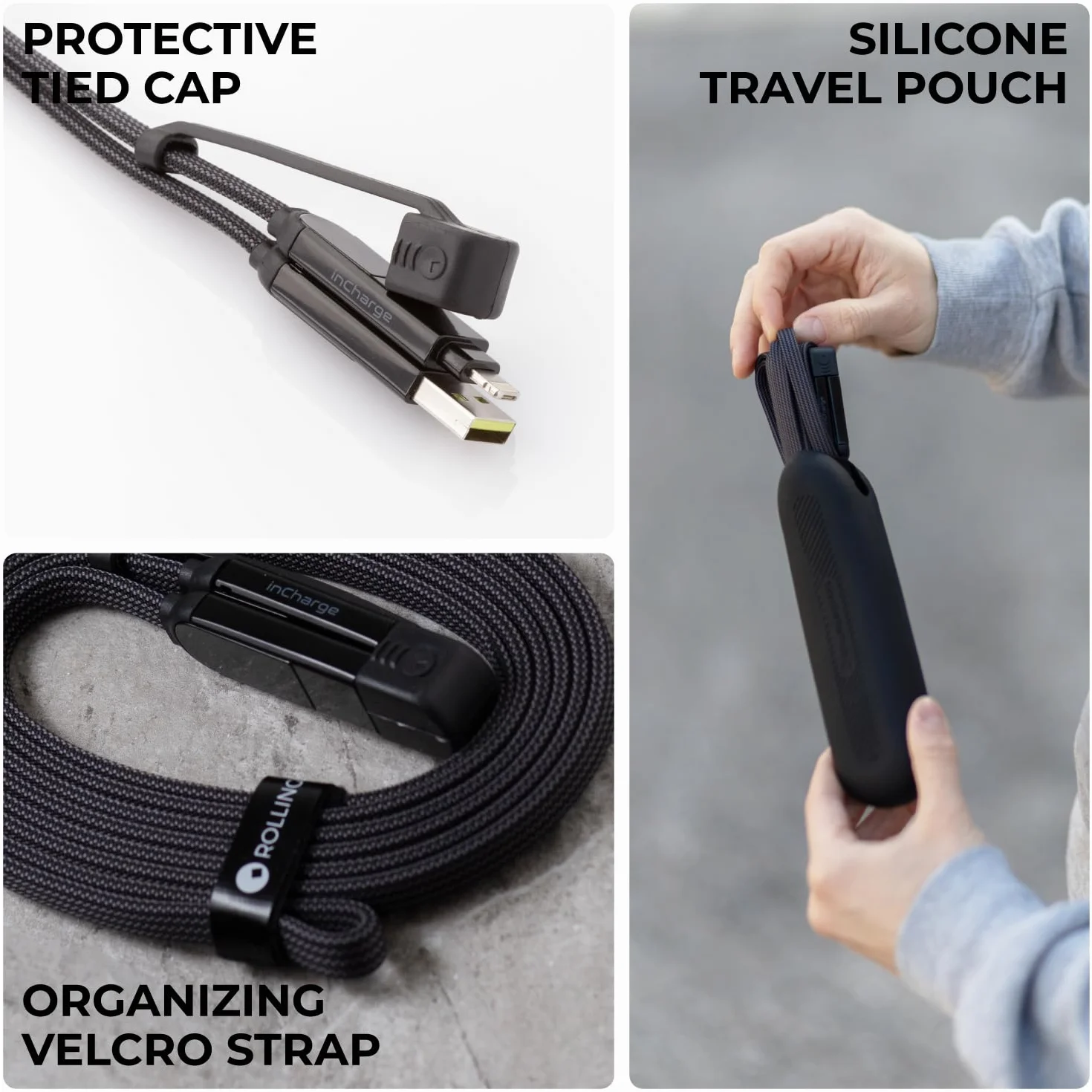 Rolling Square inCharge XL 200 cm – kabel USB C, uniwersalny kabel do smartfona, prezent dla mężczyzn, uniwersalna ładowarka 6 w 1 do smartfonów, czarny, kabel Lightning 100 W, opakowanie 3 szt