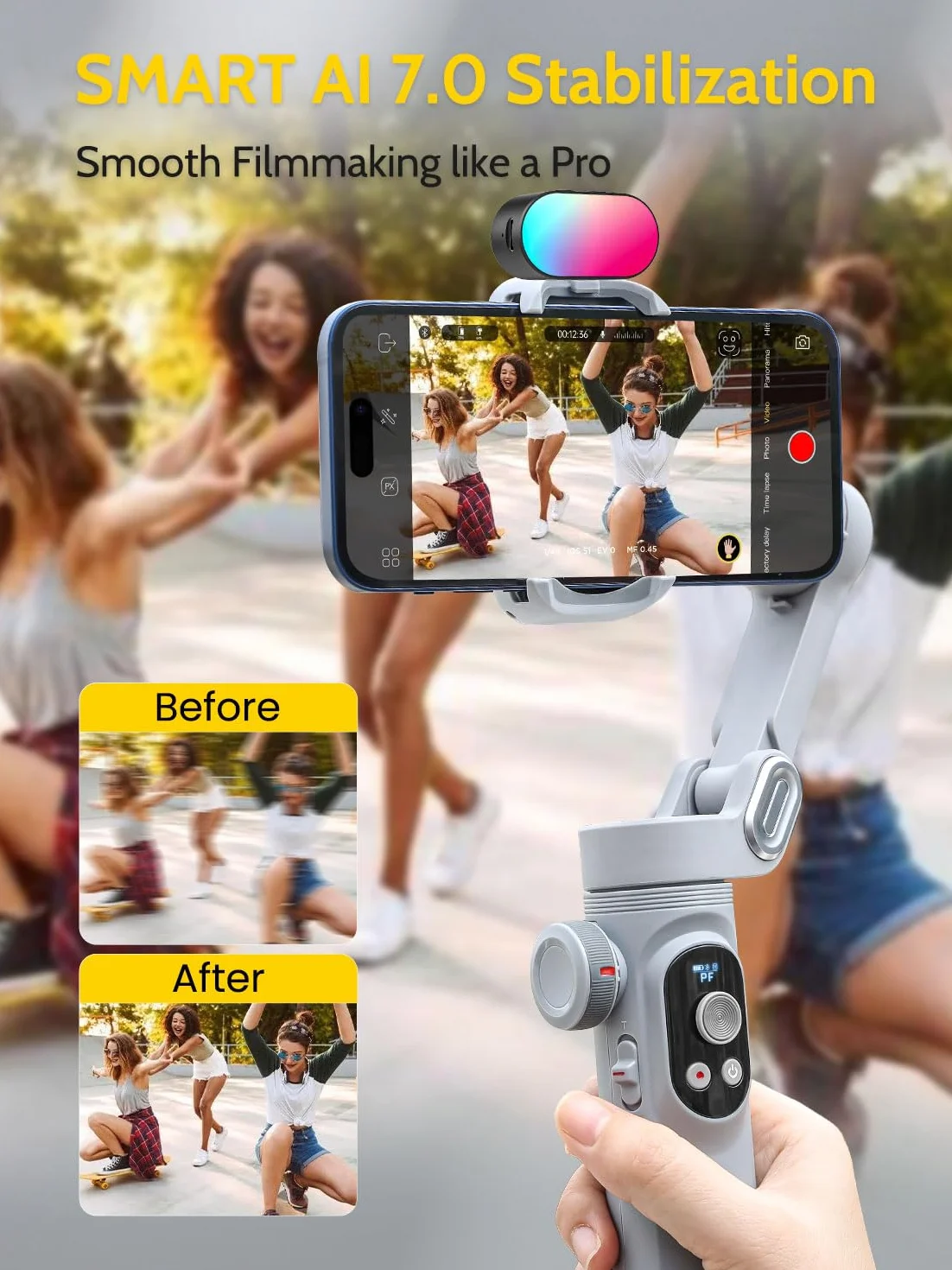 Stabilizator gimbala do smartfona, zestaw magnetycznych świateł uzupełniających RGB, wyświetlacz OLED, koło ostrości światła, profesjonalny 3-osiowy stabilizator do Androida i iPhone'a, zestaw AOCHUAN