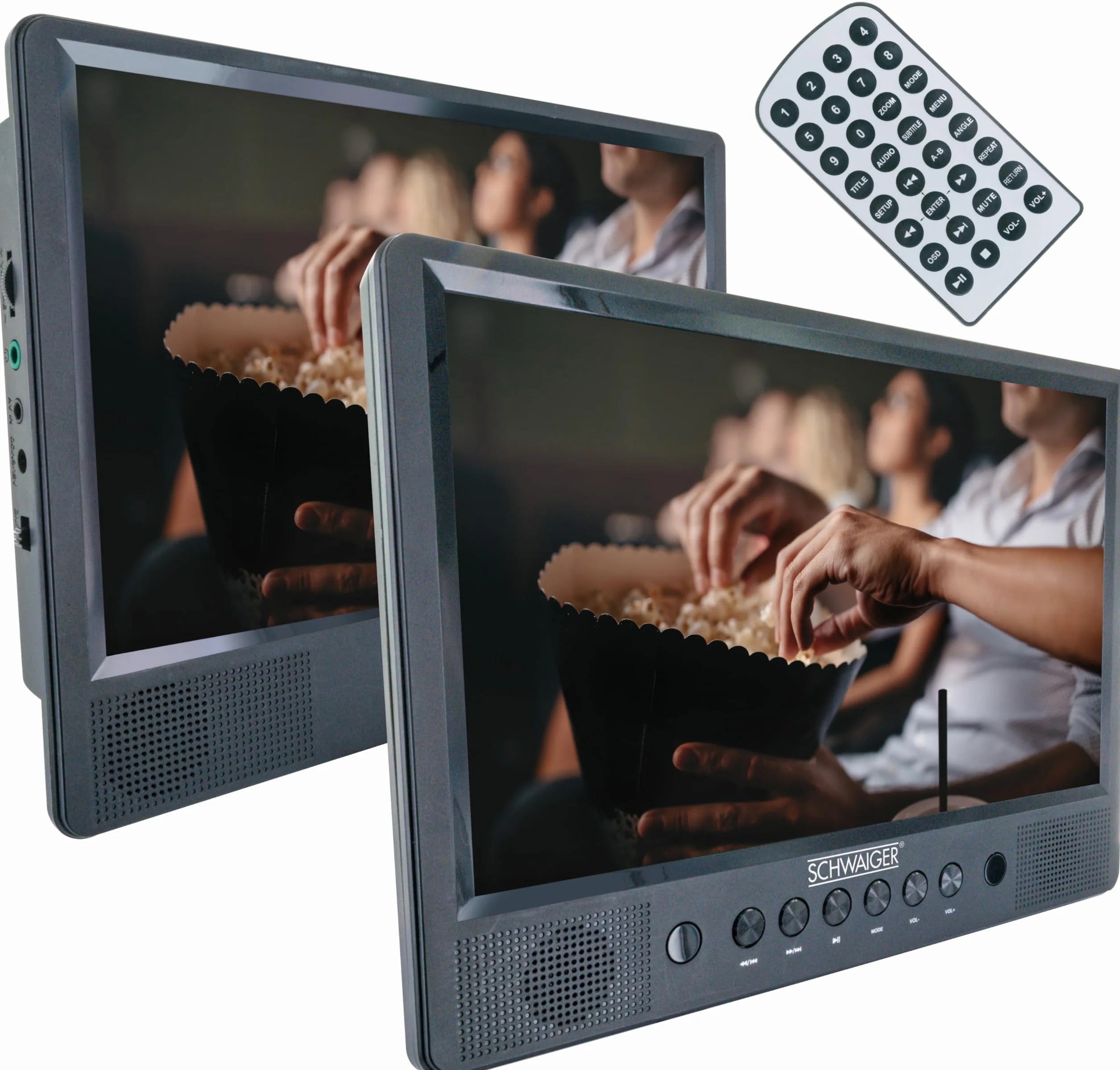 SCHWAIGER 716474 Przenośny odtwarzacz DVD 2 ekrany Przenośny odtwarzacz wideo Akumulator Pilot zdalnego sterowania Gniazdo SD Złącze USB Stojak samochodowy z materiałem montażowym