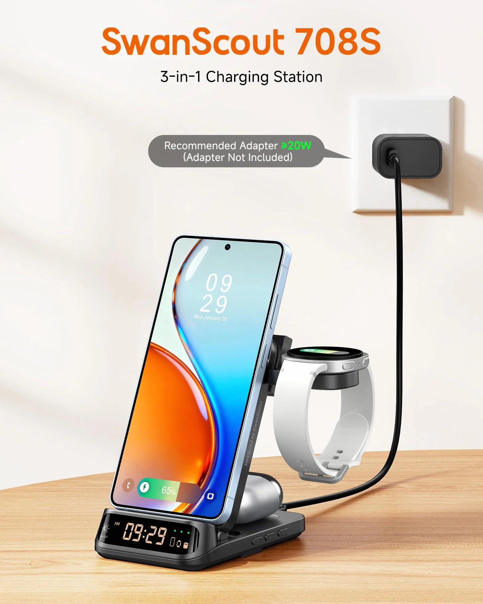 SwanScout Indukcyjna stacja ładująca, bezprzewodowa ładowarka do Samsung Galaxy S25 Ultra/S25+/S25/S24/S23/S22/S21, do Galaxy Watch Ultra/8/8 Classic/7/6/5/4, SwanScout 708S (bez adaptera) (czarna)