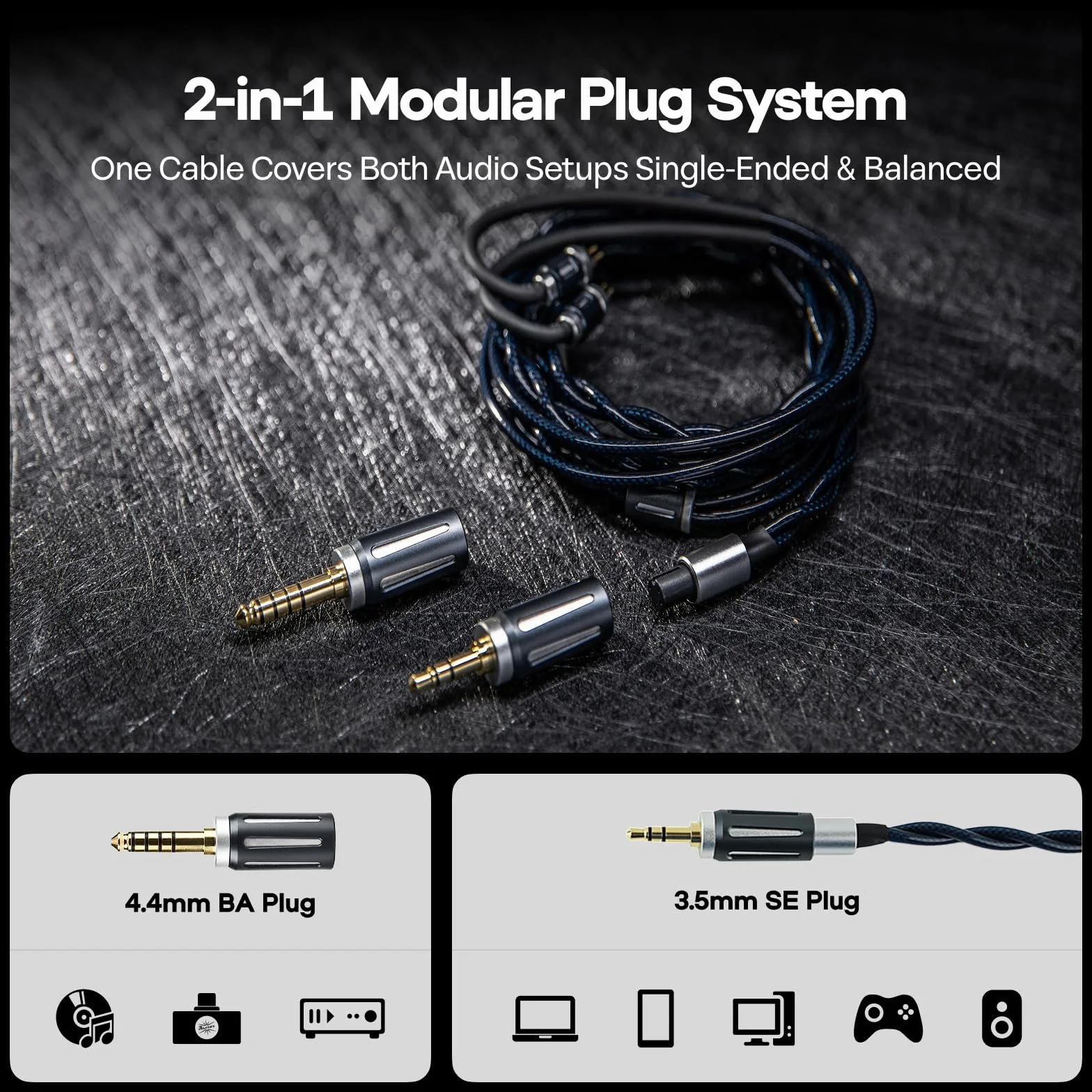 Linsoul Thieaudio Midnix IEM Kabel, 2-żyłowy, z miedzi monokrystalicznej 6N, podwójne wtyczki 3,5 mm/4,4 mm, typ Litz 4, 1,2 m, 0,78 mm, 2-pinowy, zamienny przewód do profesjonalnych słuchawek