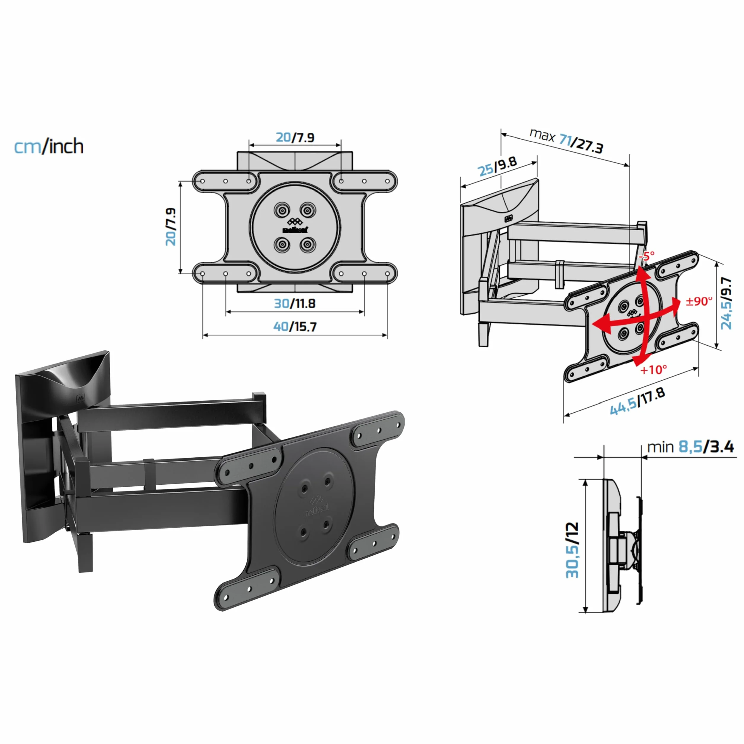 Meliconi 480870, Oled SDRP Plus, Podwójne Ramię i Podwójne Obrót Uchwyt VESA 400x200, Orientacja w poziomie i pionie, Maksymalny zasięg 55 kg, Do telewizorów OLED 40"-82" (102-208 cm), Czarny