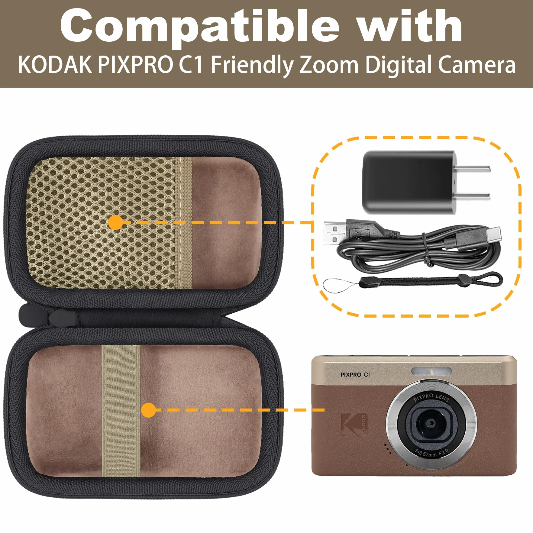 Khanka do Kodak PIXPRO C1 - Twarde etui podróżne do ultrakompaktowego aparatu cyfrowego z uchwytem do przenoszenia, tylko etui, Brązowy brązowy, 882 cc